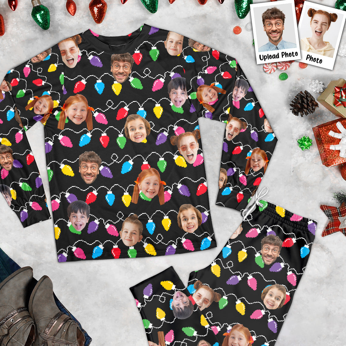 Custom Face Christmas Family Silly Xmas Leds - 6-10 Photos - Personalized Photo Pajama Set