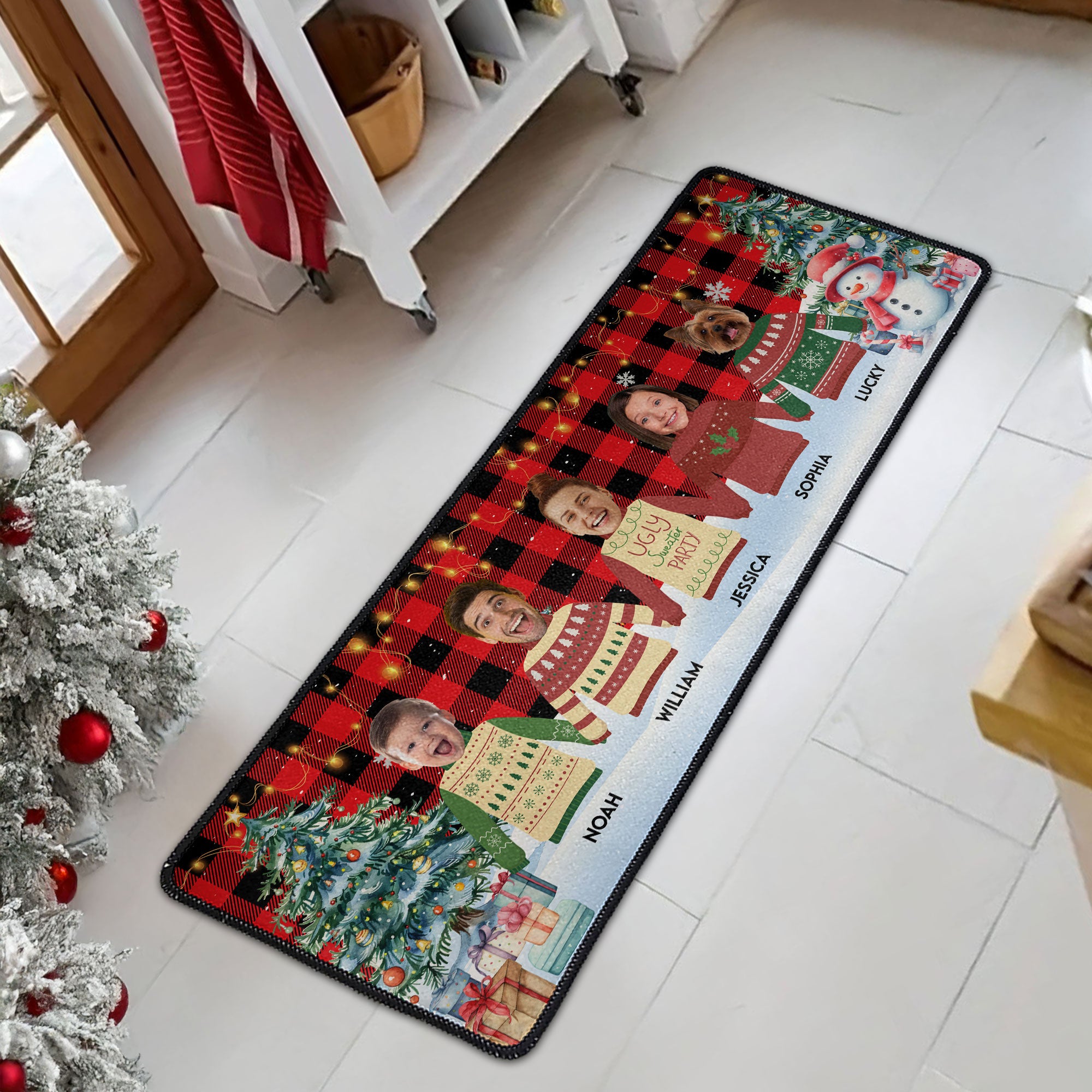Custom Face Funny Festive Plant Buffalo Plaid - Personalized Photo Runner Rug