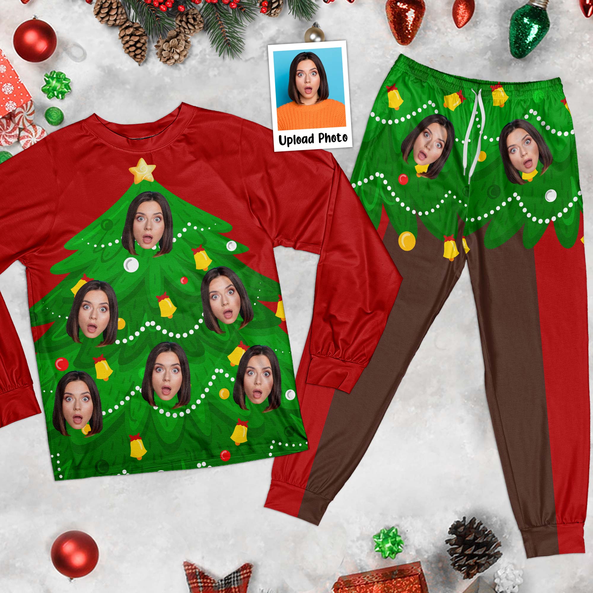 Custom Face Funny Living Christmas Tree - Personalized Photo Pajama Set