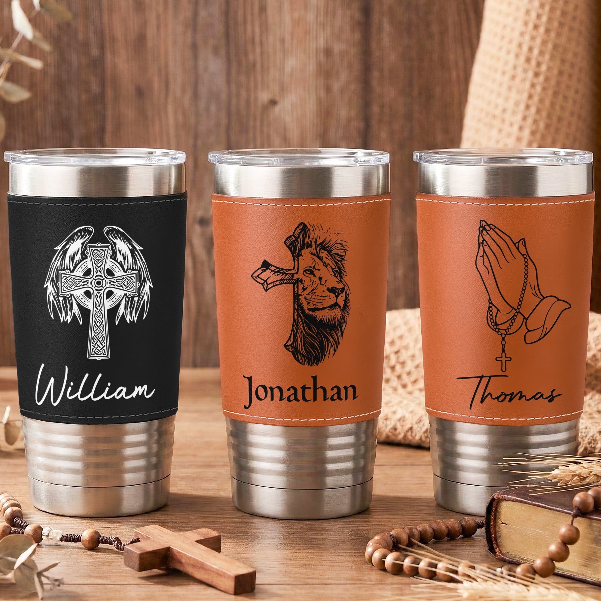 Custom Faith Symbol Design With Name - Personalized 20oz Leather Wrapped Tumbler