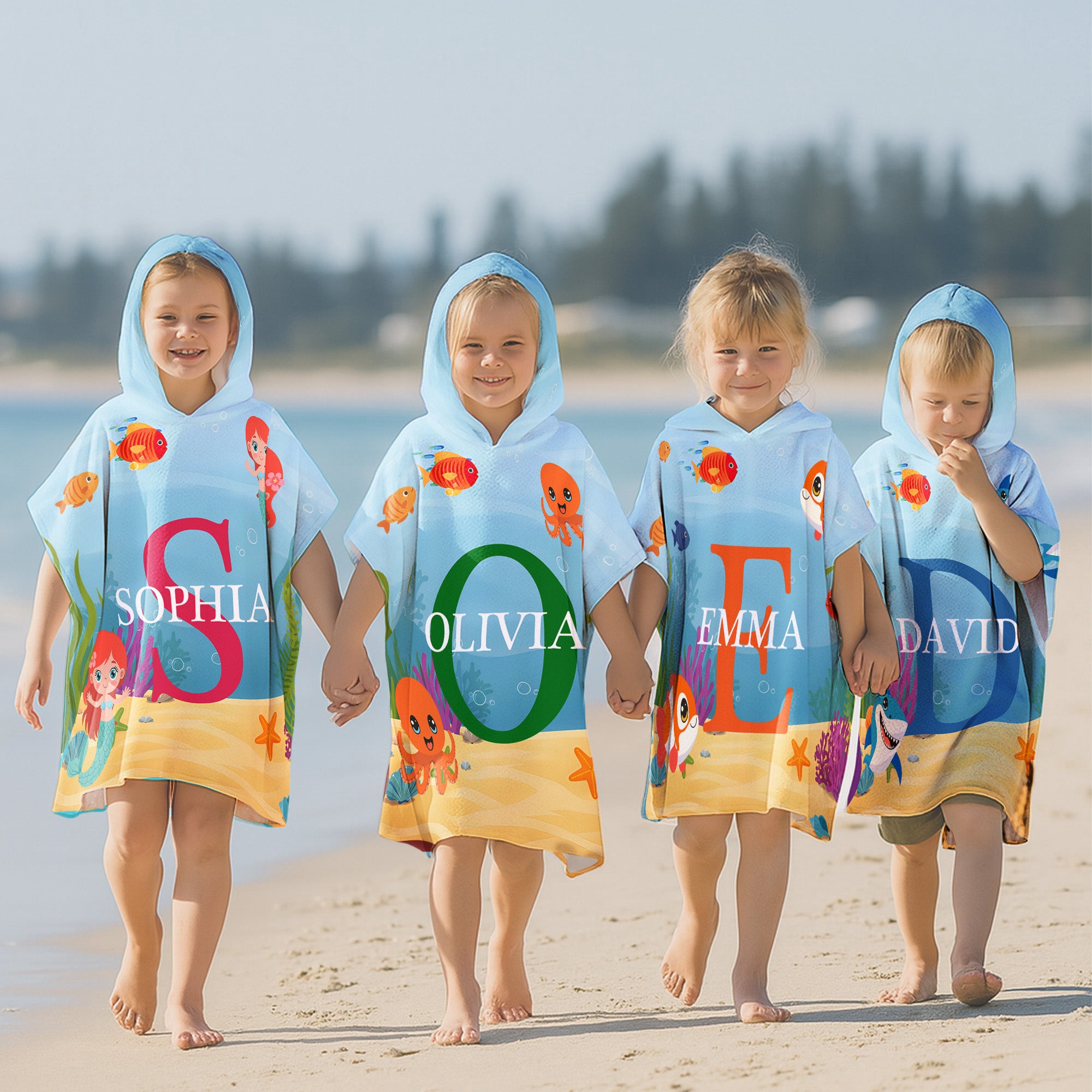 Custom Initial Name Sea Animals - Personalized Kids Hooded Towel
