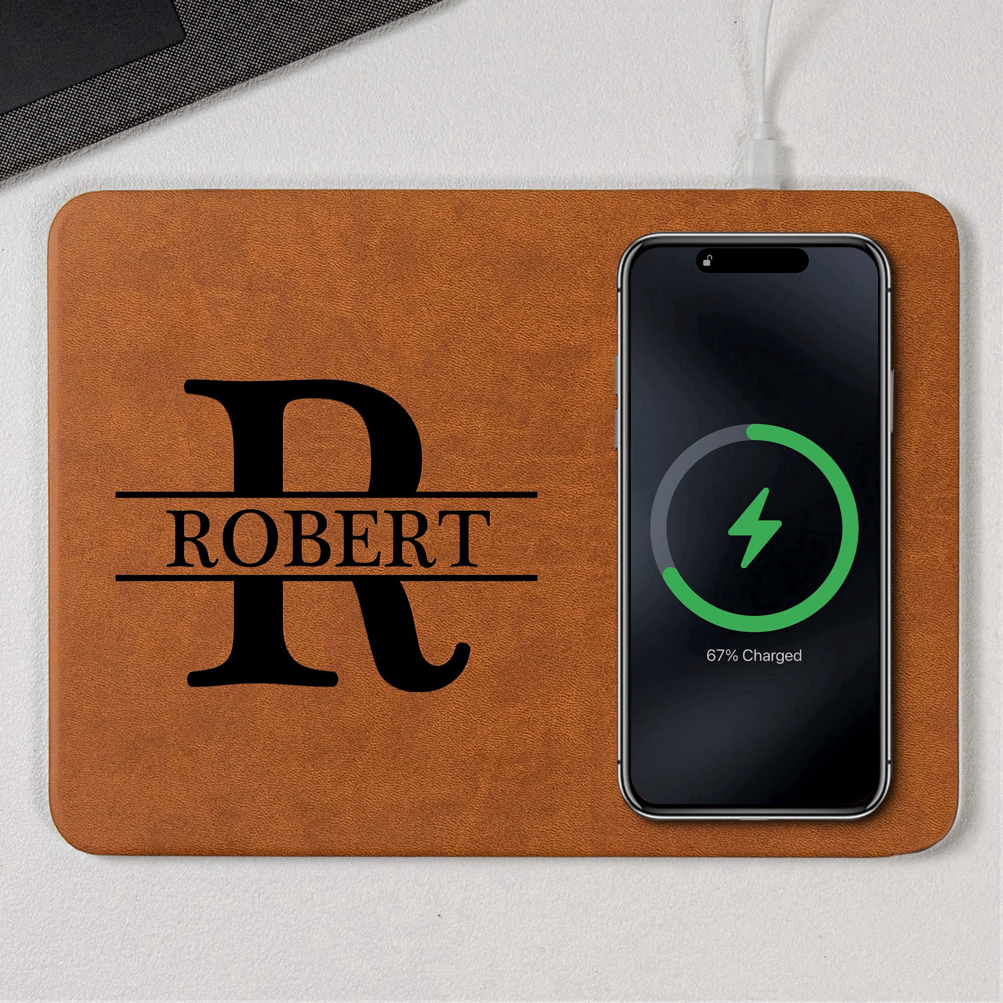 Custom Initial Names For Him, Son, Husband, Boyfriend, Coworkers - Personalized Leather Charging Mat
