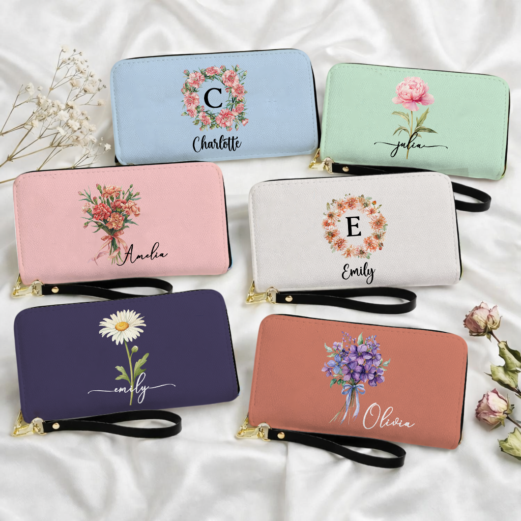 Custom Name & Birth Flower Birthday Gift For Her, Sisters, Daughter, Friends - Personalized Wallet