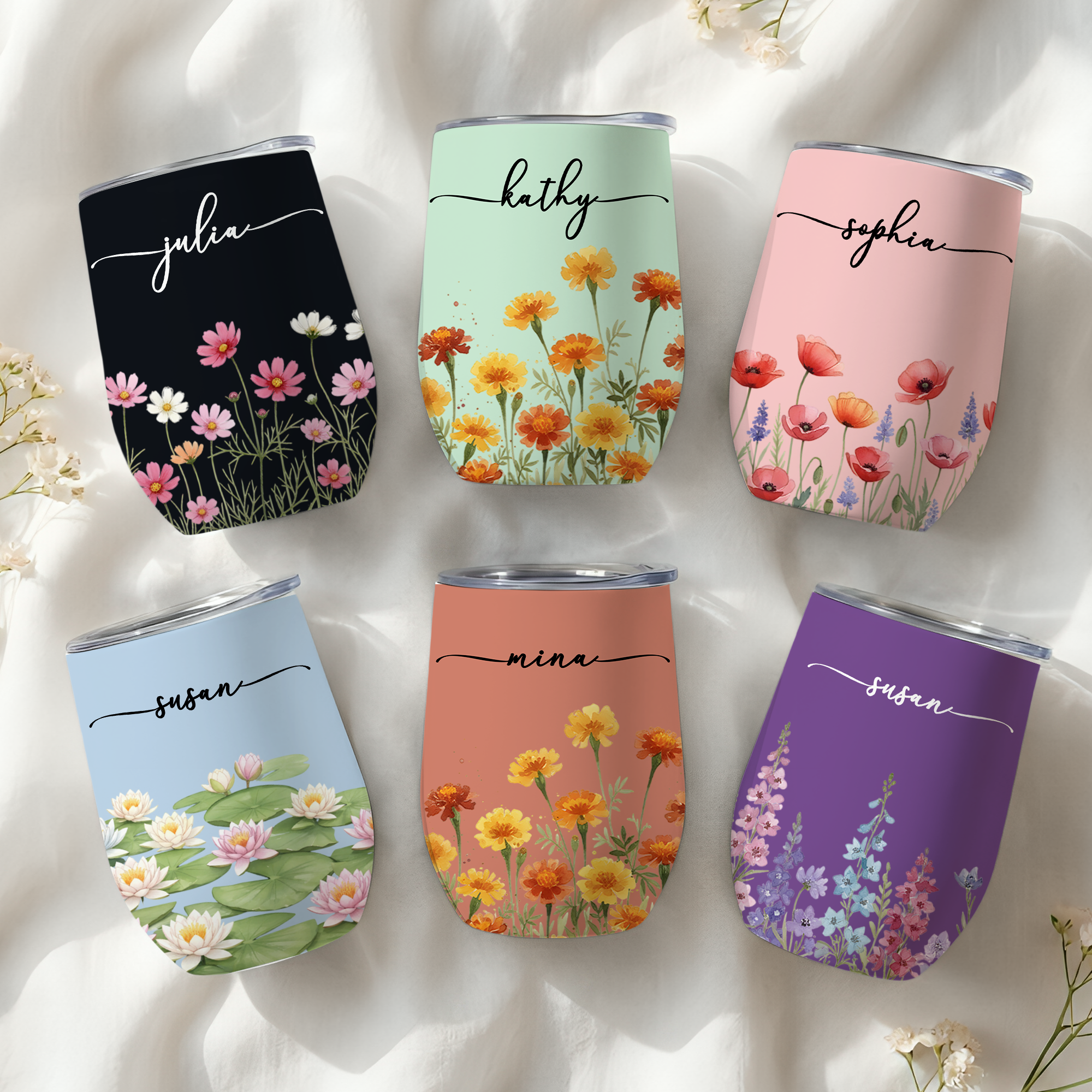 Custom Name & Birth Flower Birthday Gift For Her, Sisters, Daughter, Friends - Personalized Wine Tumbler