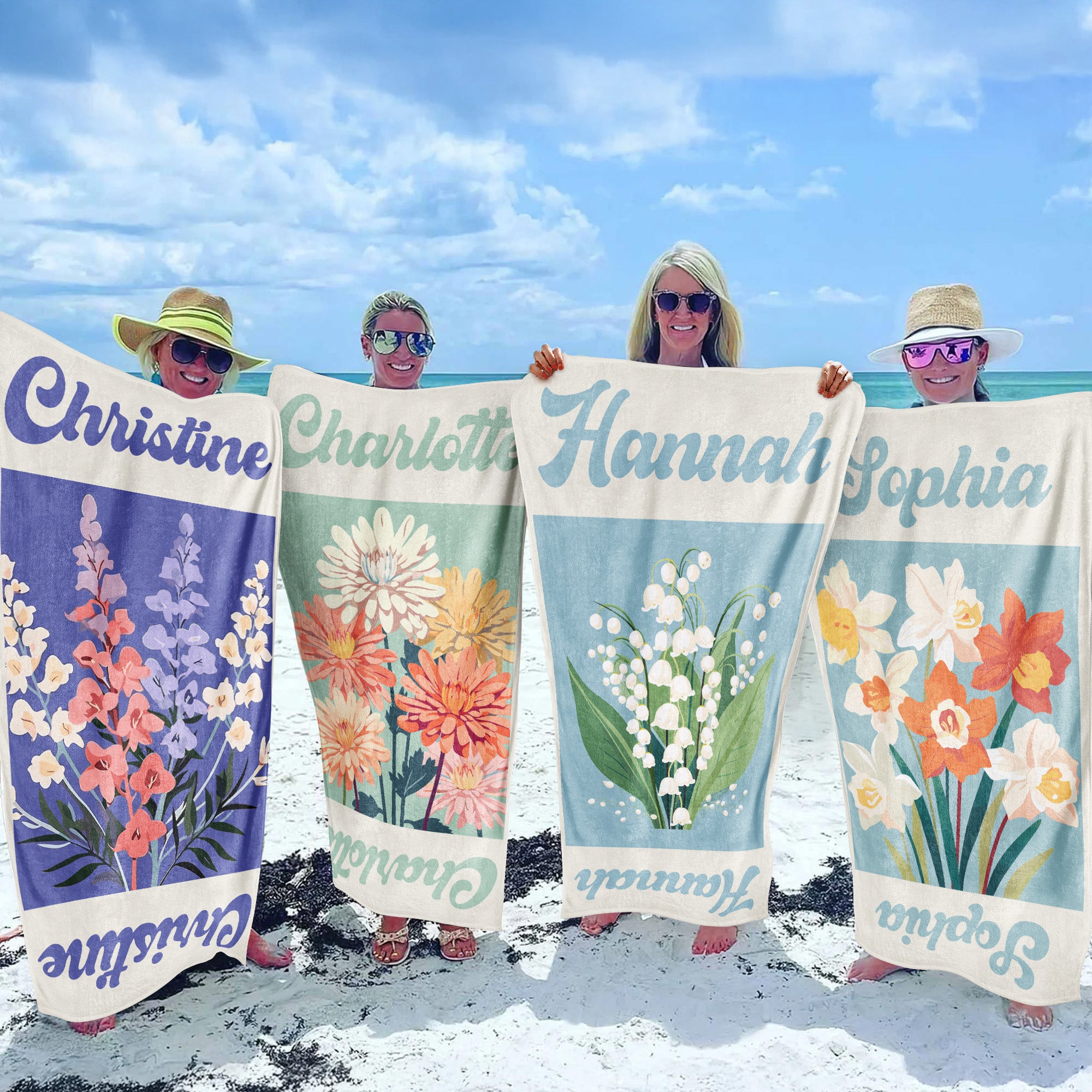 Custom Name Birth Flower Vintage Art - Personalized Quick-Dry Beach Towel