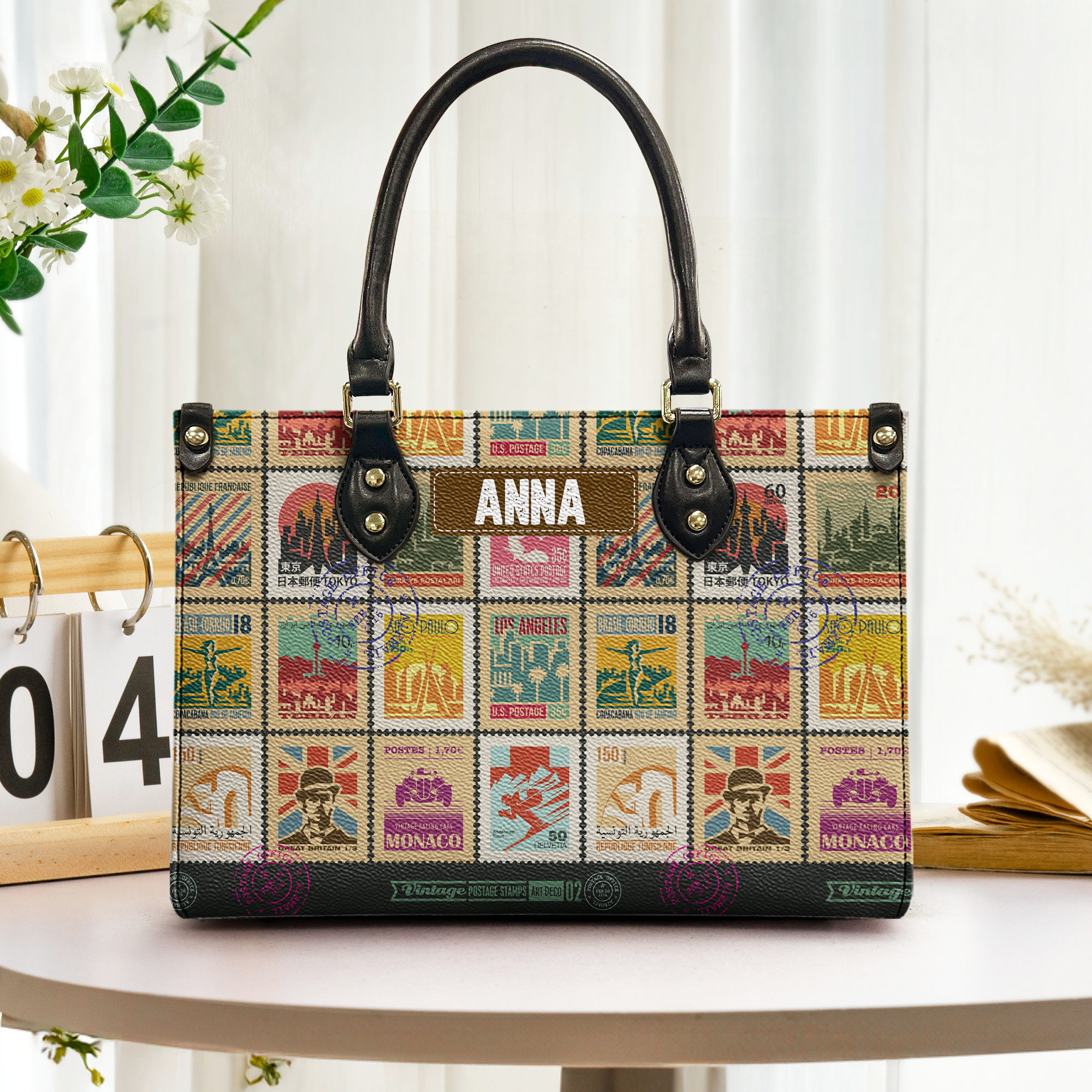 Custom Name Vintage Stamps Pattern - Personalized Leather Bag