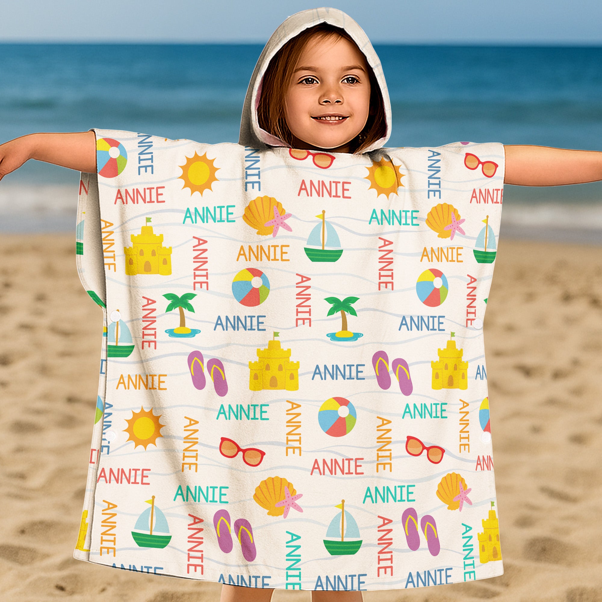 Custom Name With Summer And Beach Pattern - Personalized Kids Hooded Towel