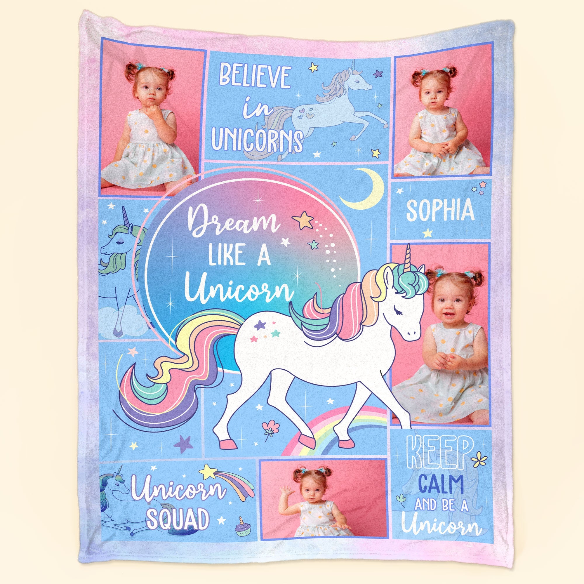 Custom Photo Name Unicorn For Girls, Daughter, Granddaughter - Personalized Baby Photo Blanket