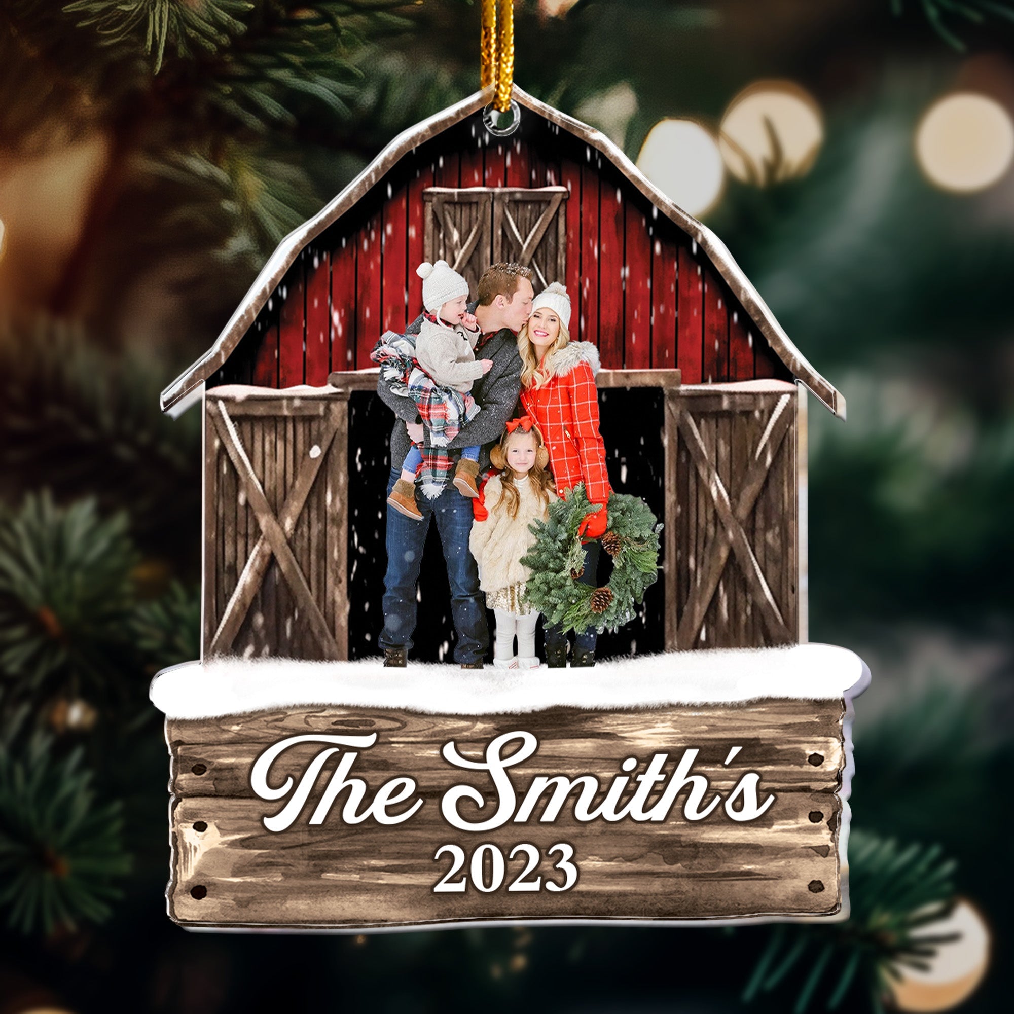 Custom Photo Red Barn Christmas Family - Personalized Acrylic Photo Ornament - Vintage Ornament