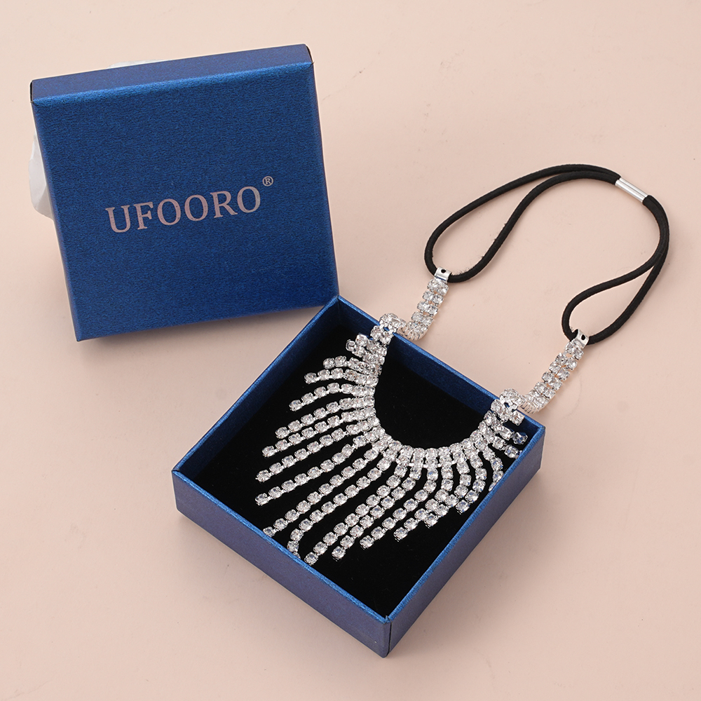 UFOORO Waterfall Curtain Necklace Long Layered Zirconia Chandelier Jewelry Ornaments for Wedding Dress