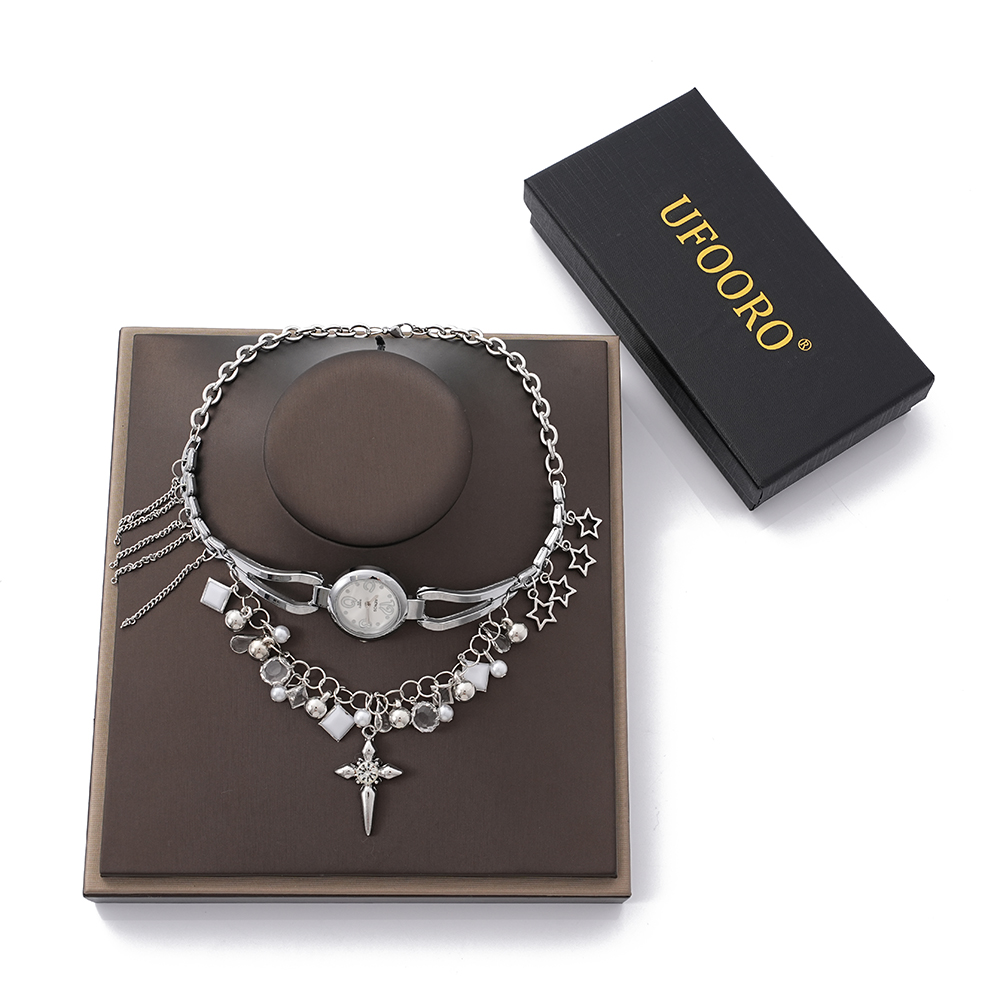 UFOORO Watch Movement Necklace Clock Gear Pendant Imitation Jewelry Steampunk Crystal Chain