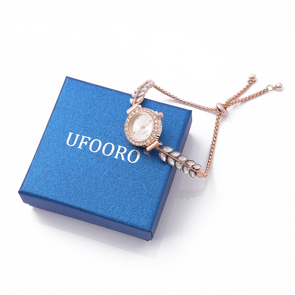 UFOORO Fashionable ladies' watch with gemstones, adjustable size, crystal wheat-styled strap