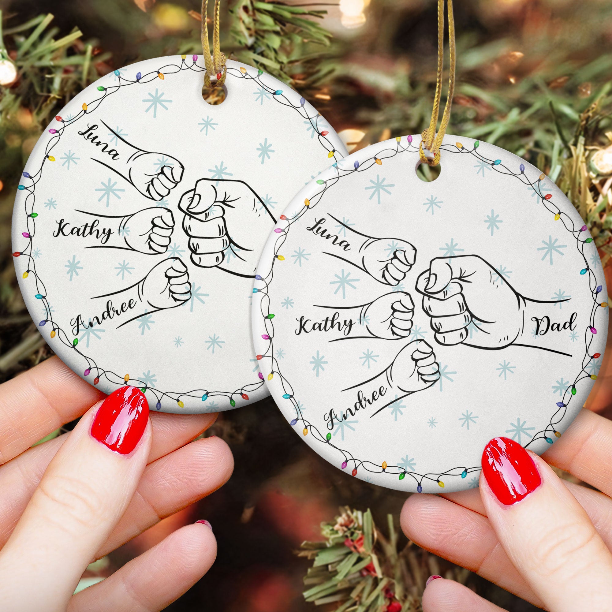 Dad Hand Bump Kid Name Christmas Light - Personalized Ceramic Ornament