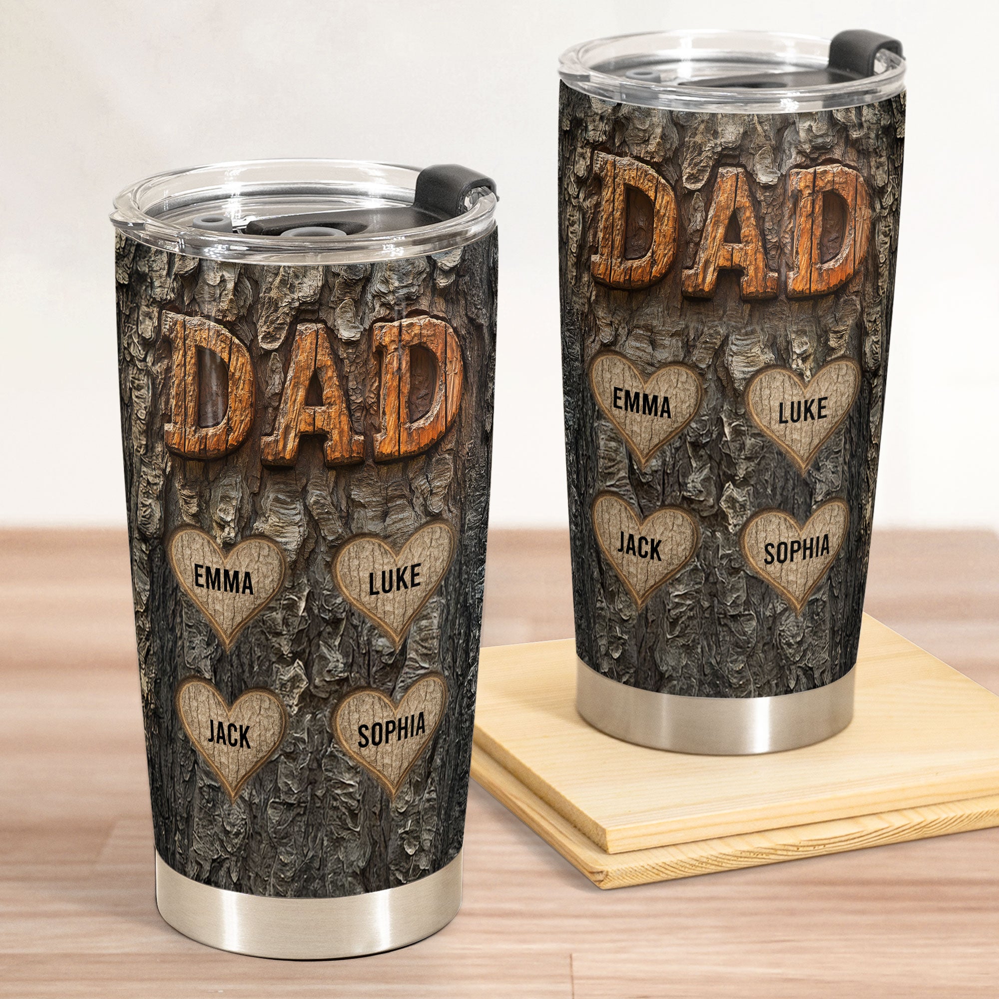 Dad With Kids' Names Wood Carved Printed - Personalized Tumbler Cup