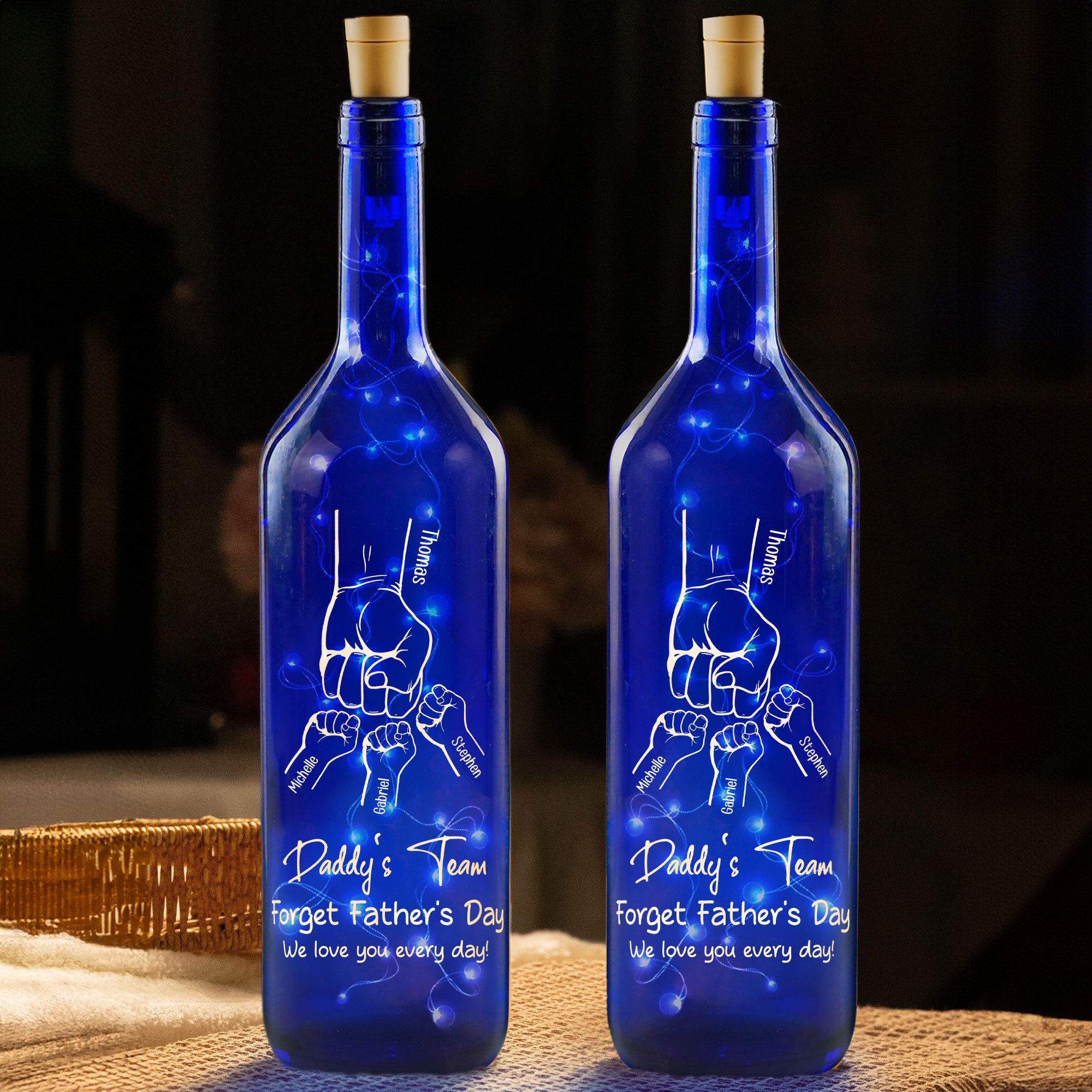 Daddy's Team We Love You Gift For Dad, Grandpa - Personalized Blue Bottle Lamp