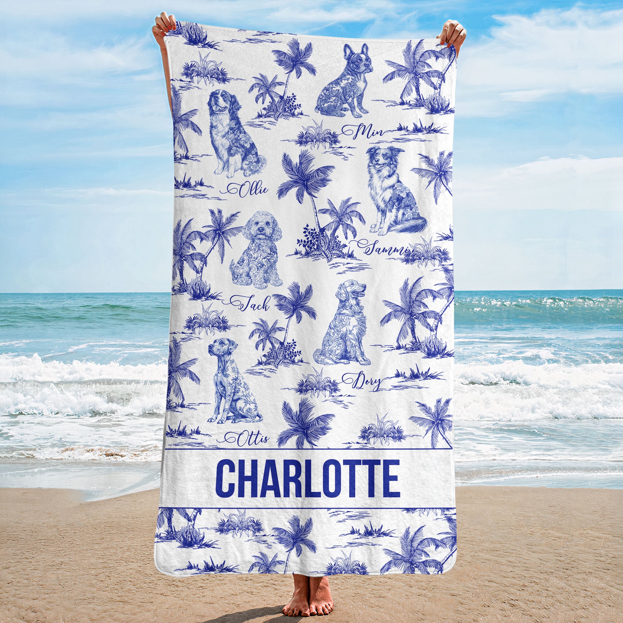 Dog Floral Toile De Jouy Chinoiserie French - Personalized Quick-Dry Beach Towel