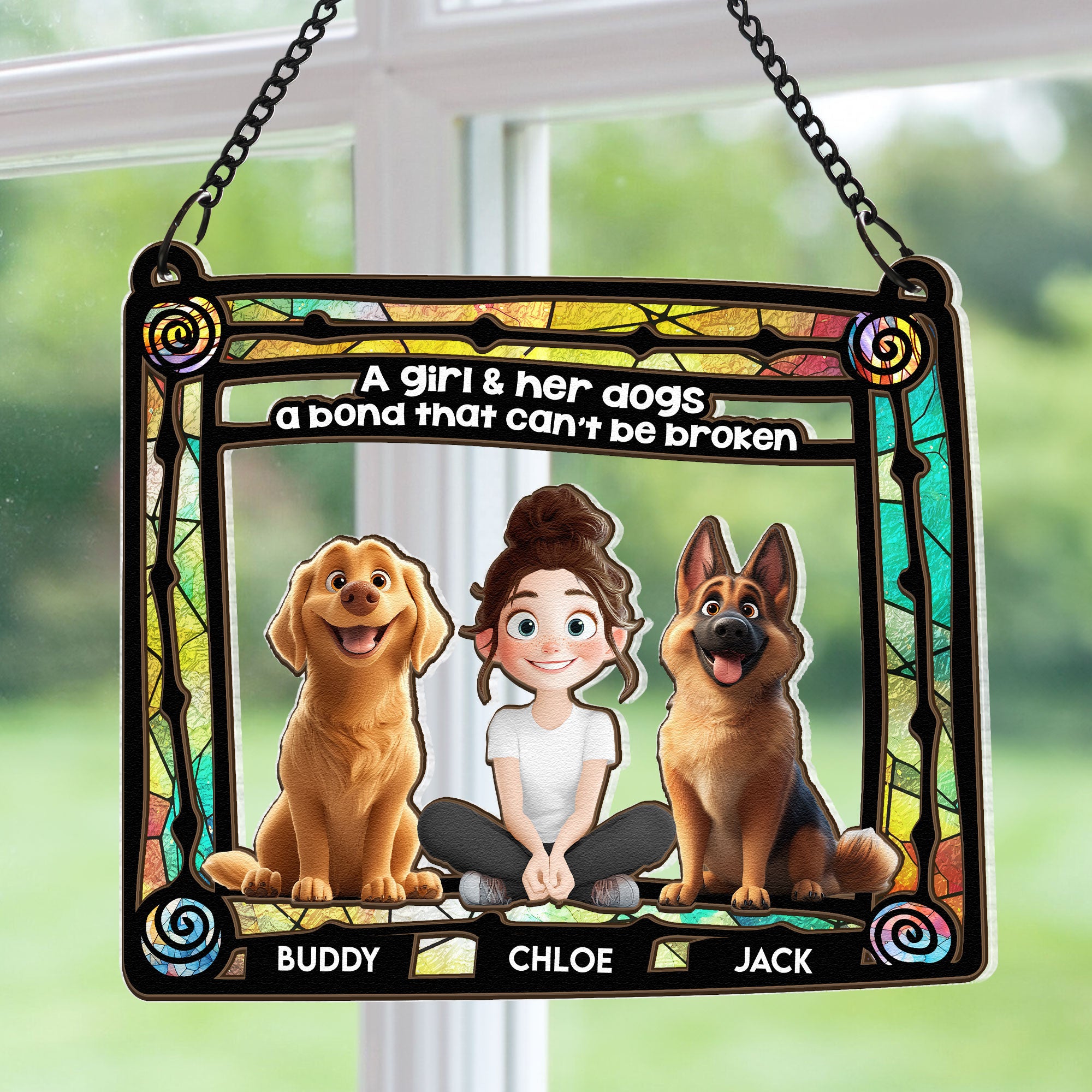 Dog & Girl Sitting In Rainbow Frame - Personalized Window Hanging Suncatcher Ornament