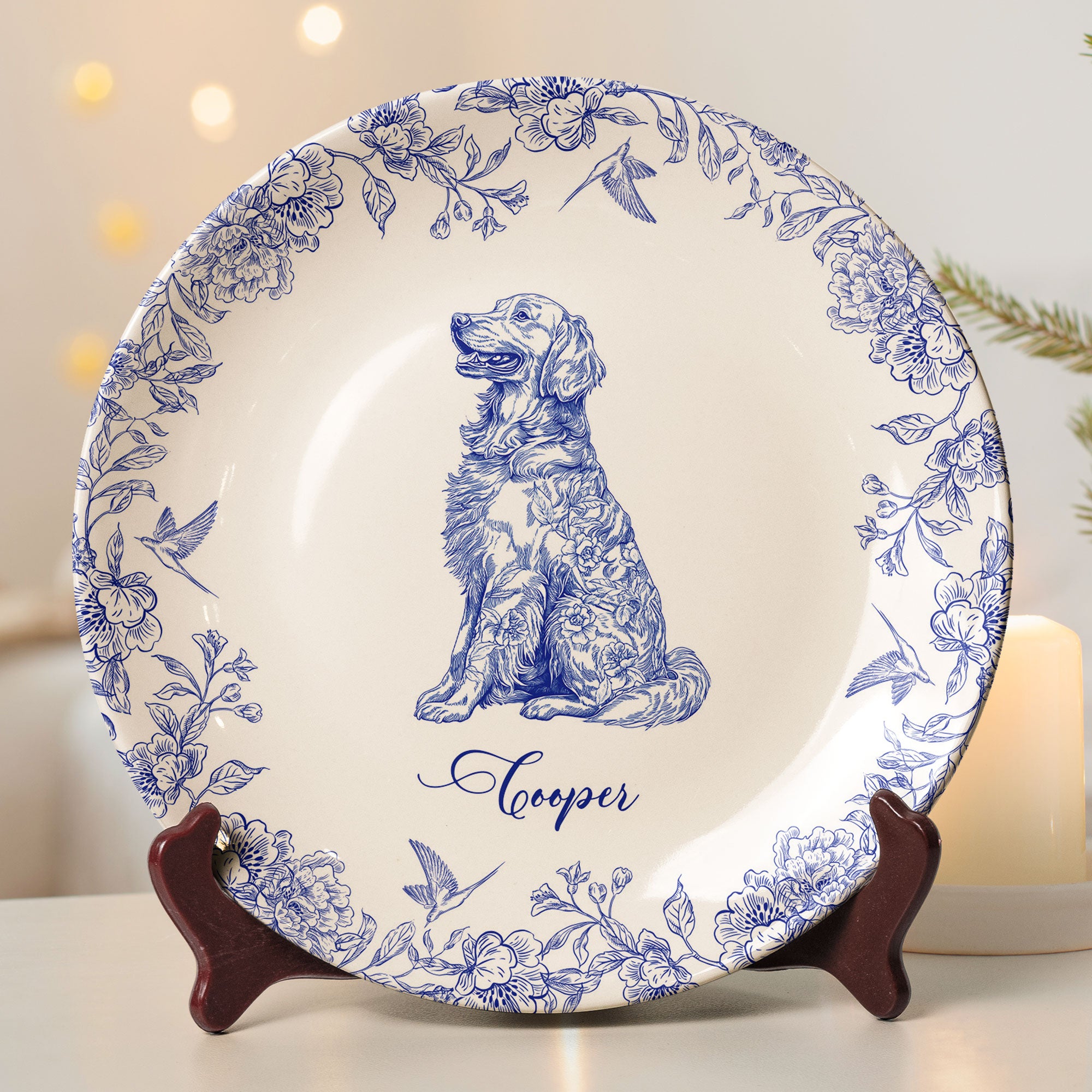 Dog Lover Custom Gift Chinoiserie Toile De Jouy Style - Personalized Ceramic Plate