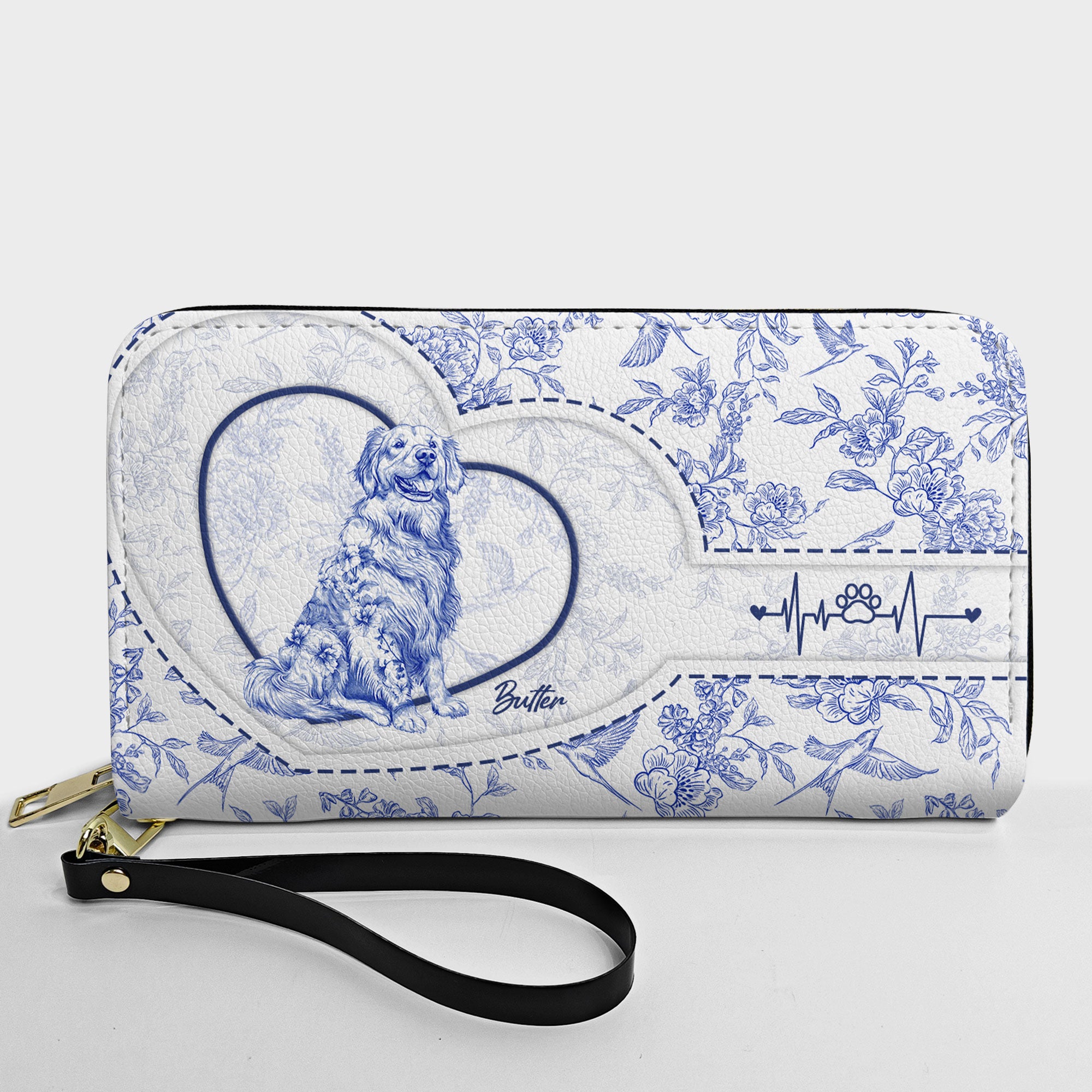 Dog Lover Gift Custom Toile De Jouy French Style - Personalized Leather Long Wallet