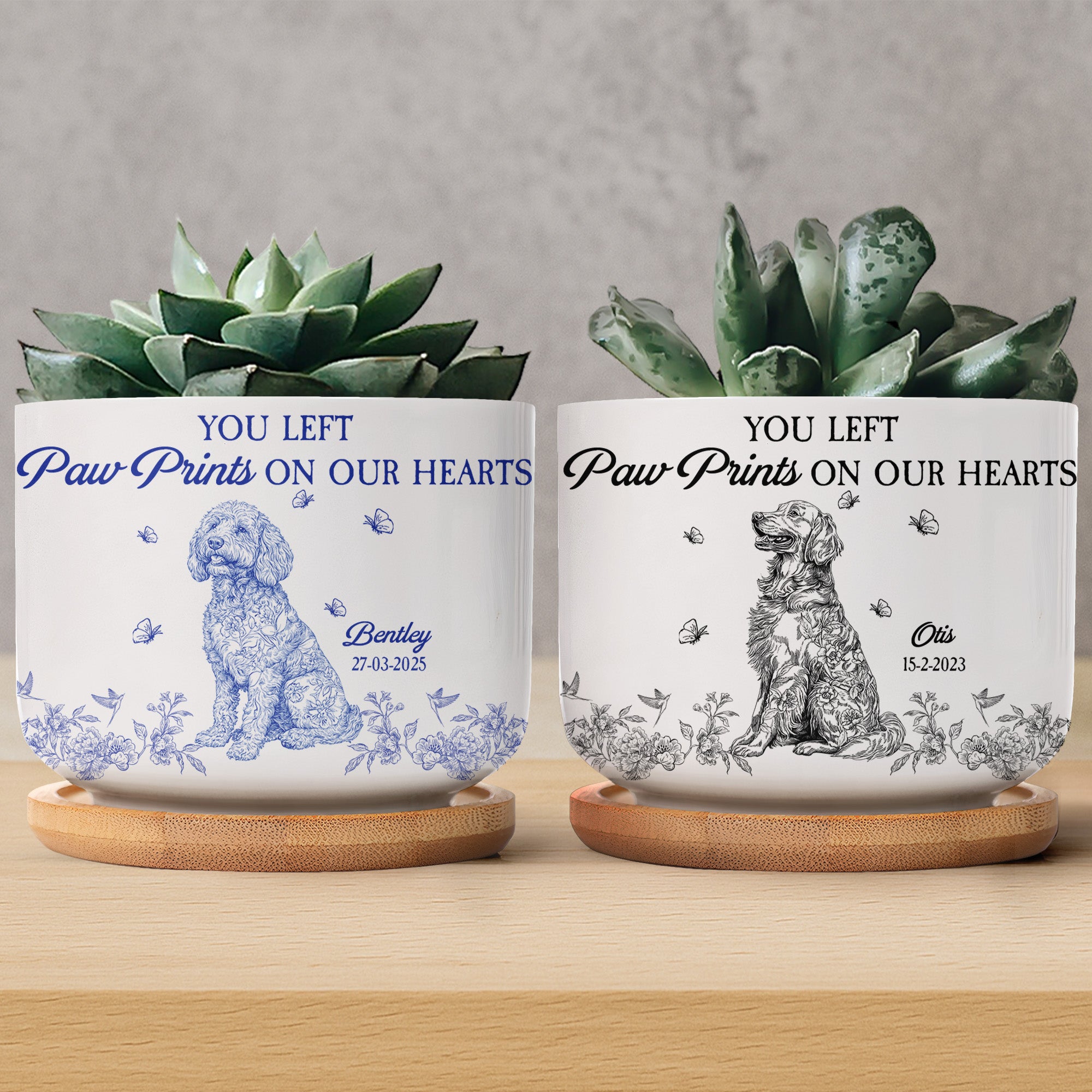 Dog Memorial Toile De Jouy Chinoiserie French Style - Personalized Ceramic Plant Pot With Tray