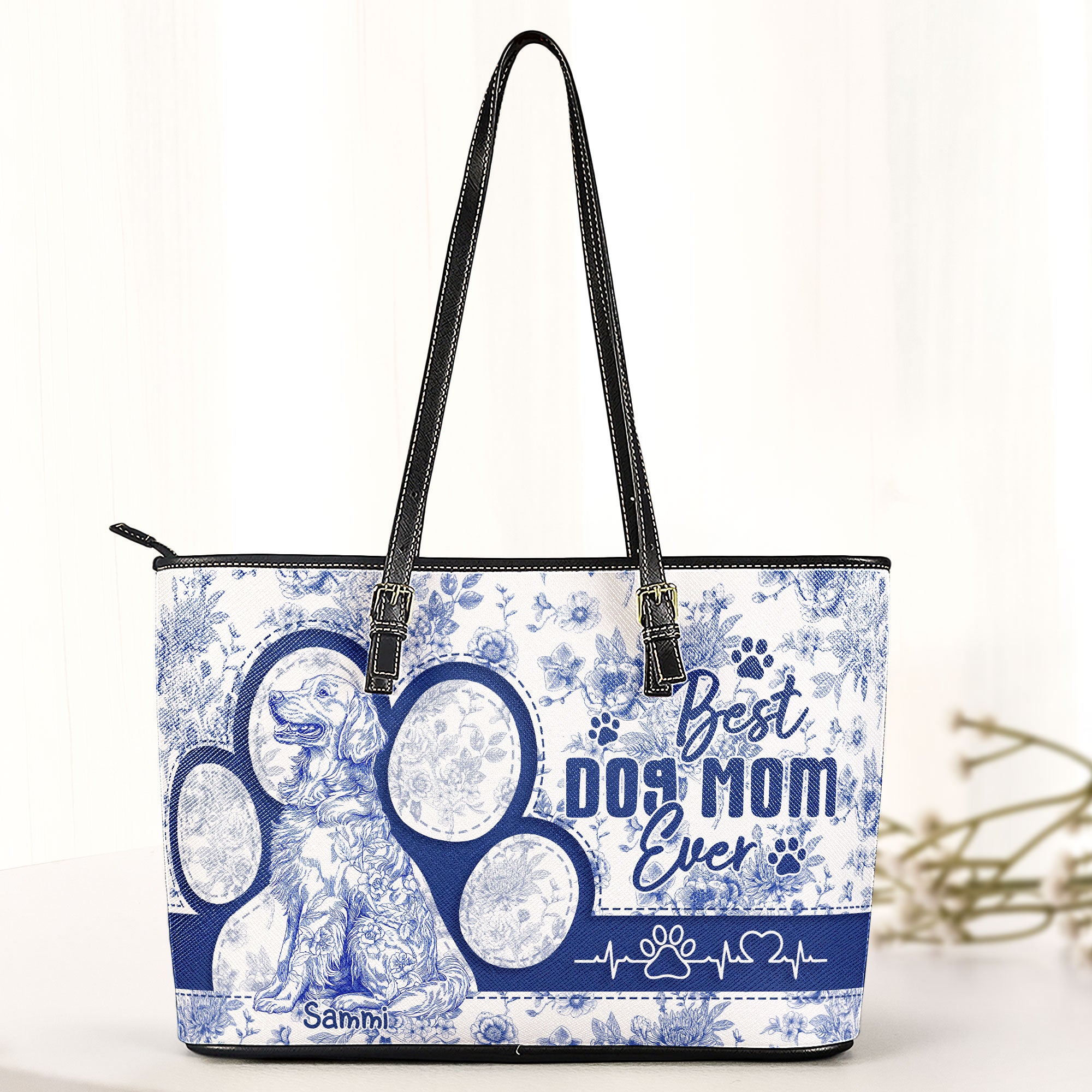 Dog Mom Gift Floral Toile De Jouy Chinoiserie - Personalized Leather Tote Bag