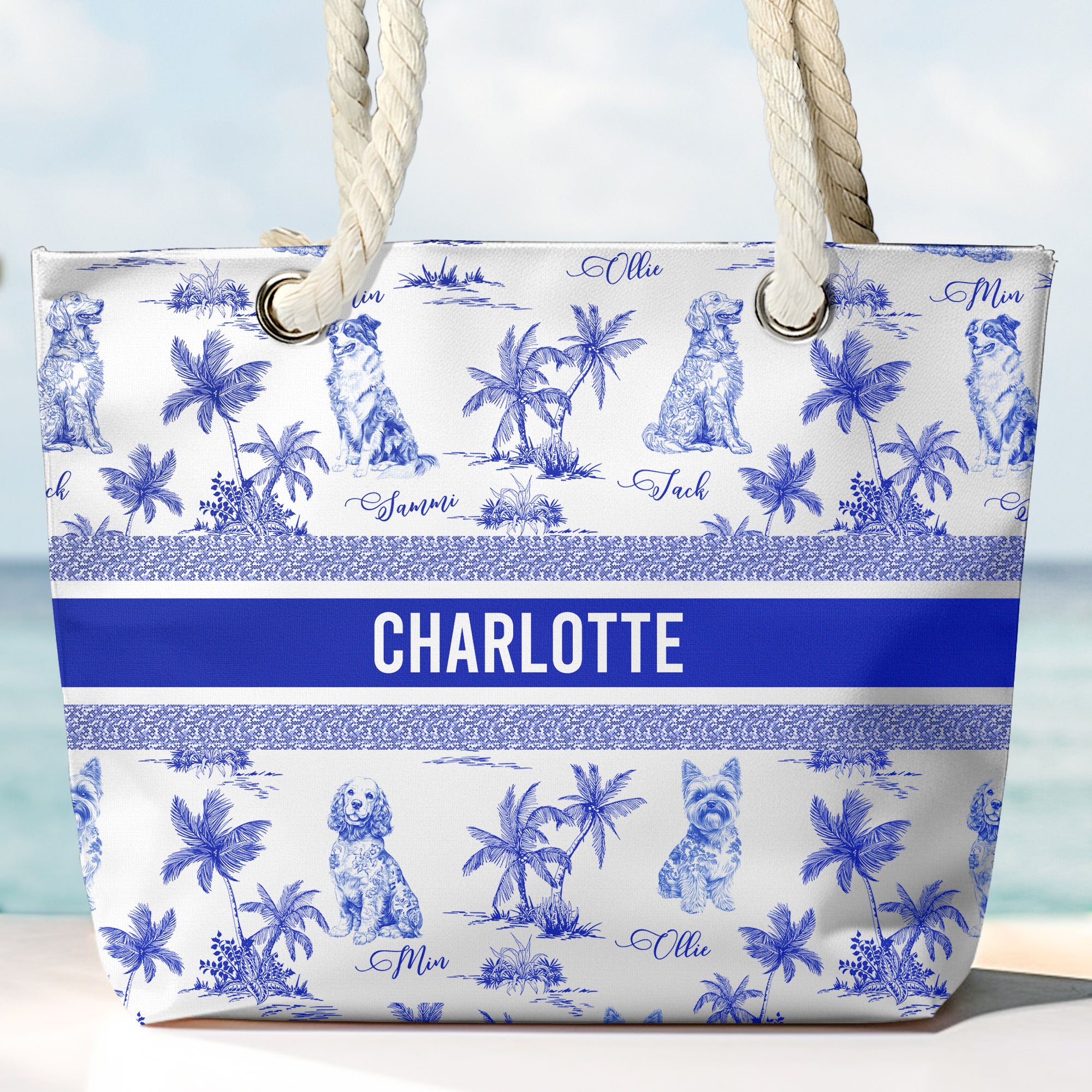 Dog Mom Toile De Jouy Summer French Style - Personalized Beach Bag