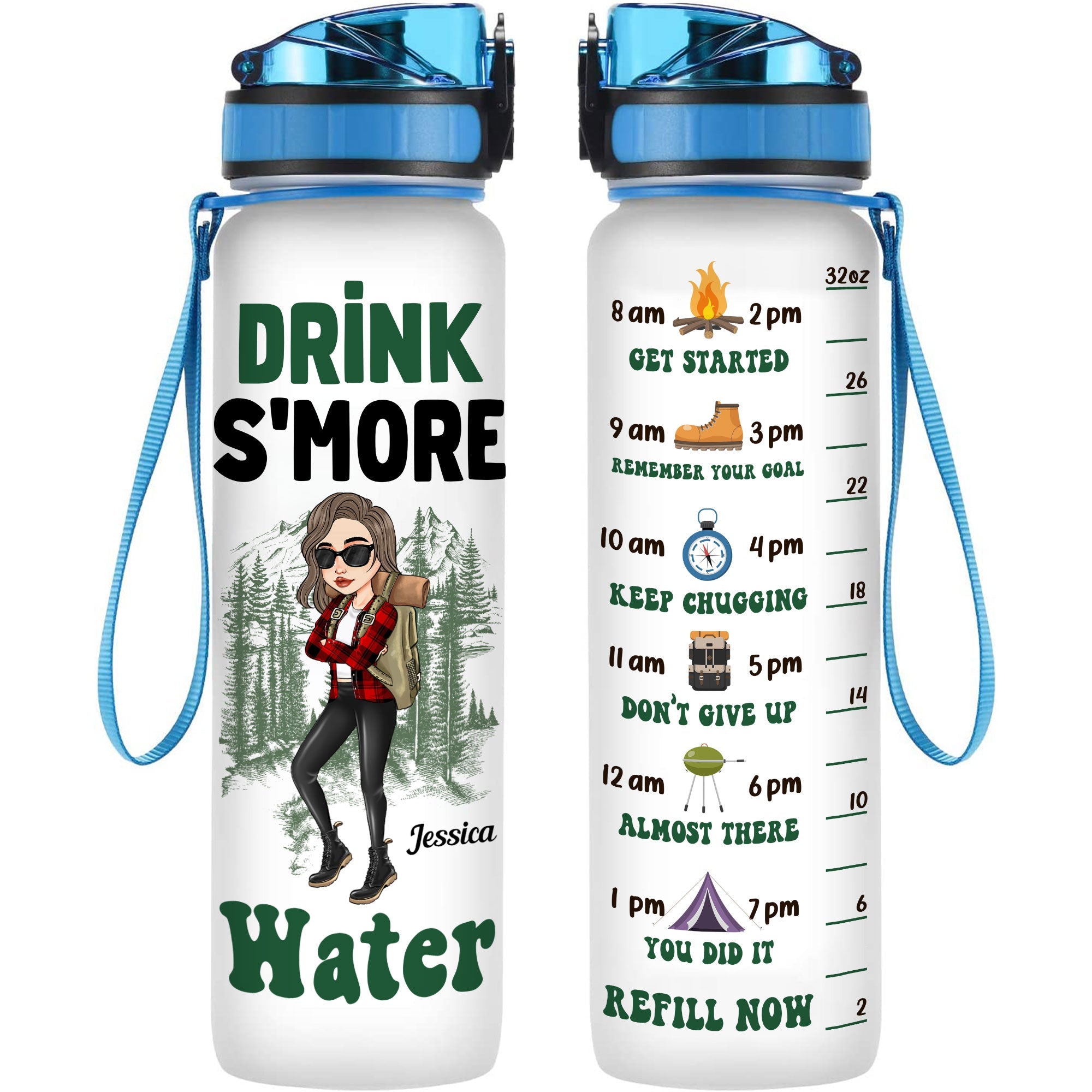Drink S'More Water - Personalized Water Tracker Bottle - Birthday, Motivation Gift For Her, Girl, Woman, Camping Lover