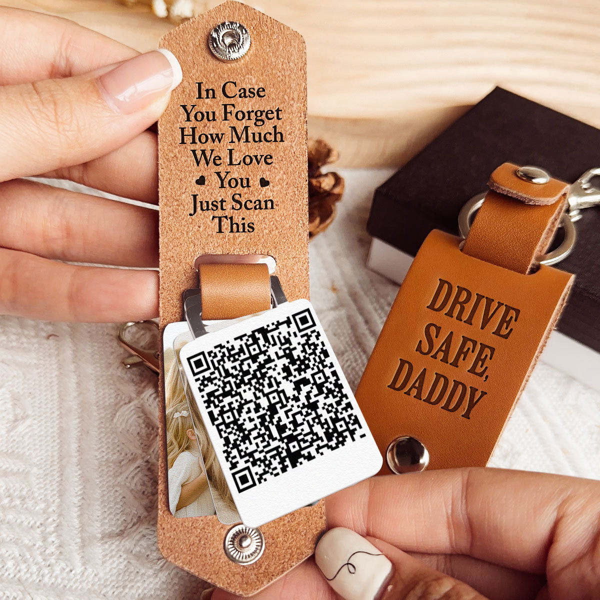 Drive Safe Daddy - Custom QR Code & Photo Gifts - Personalized Leather Photo Keychain