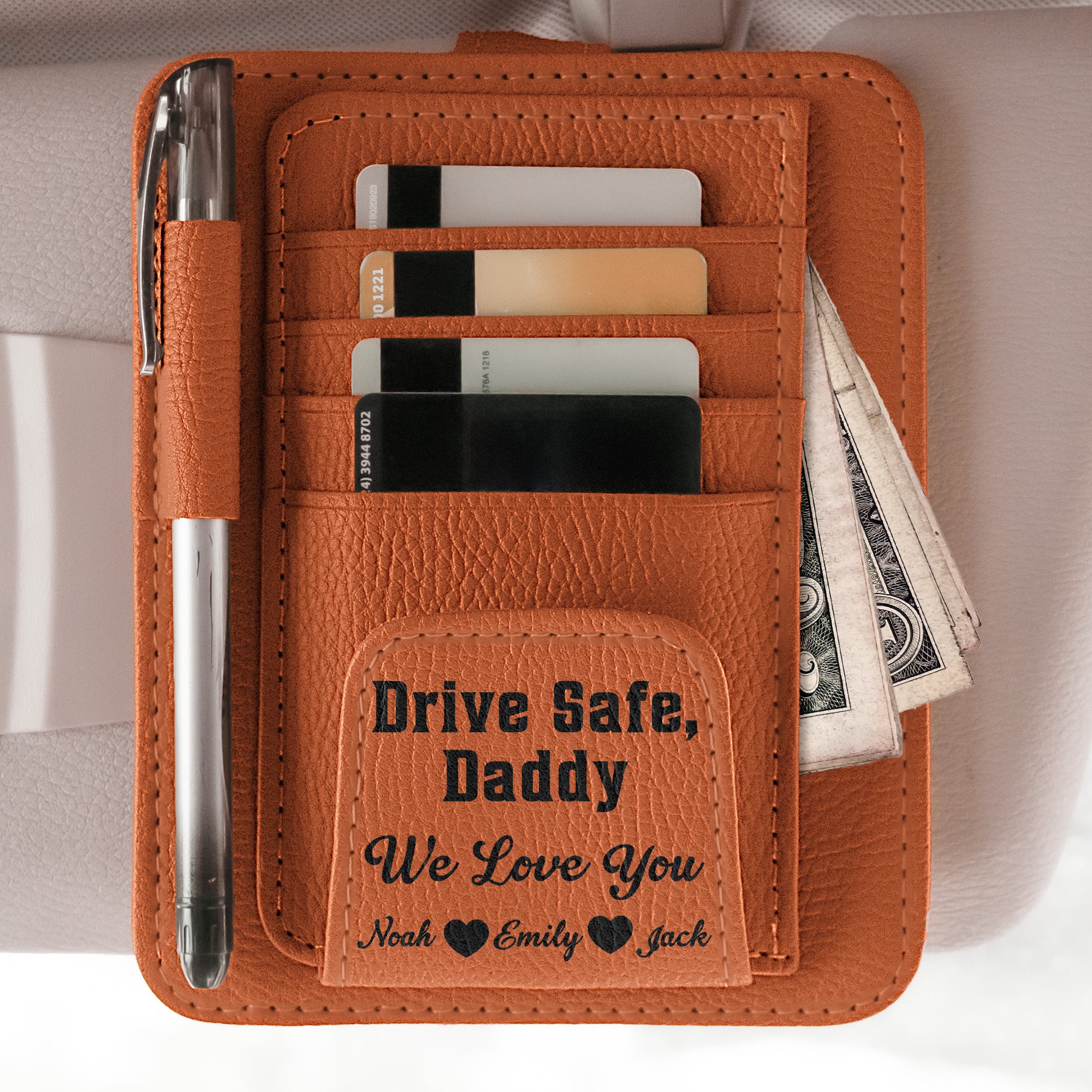 Drive Safe, Daddy - For Dad, Grandpa, Mom - Personalized Leather Car Visor Organizer