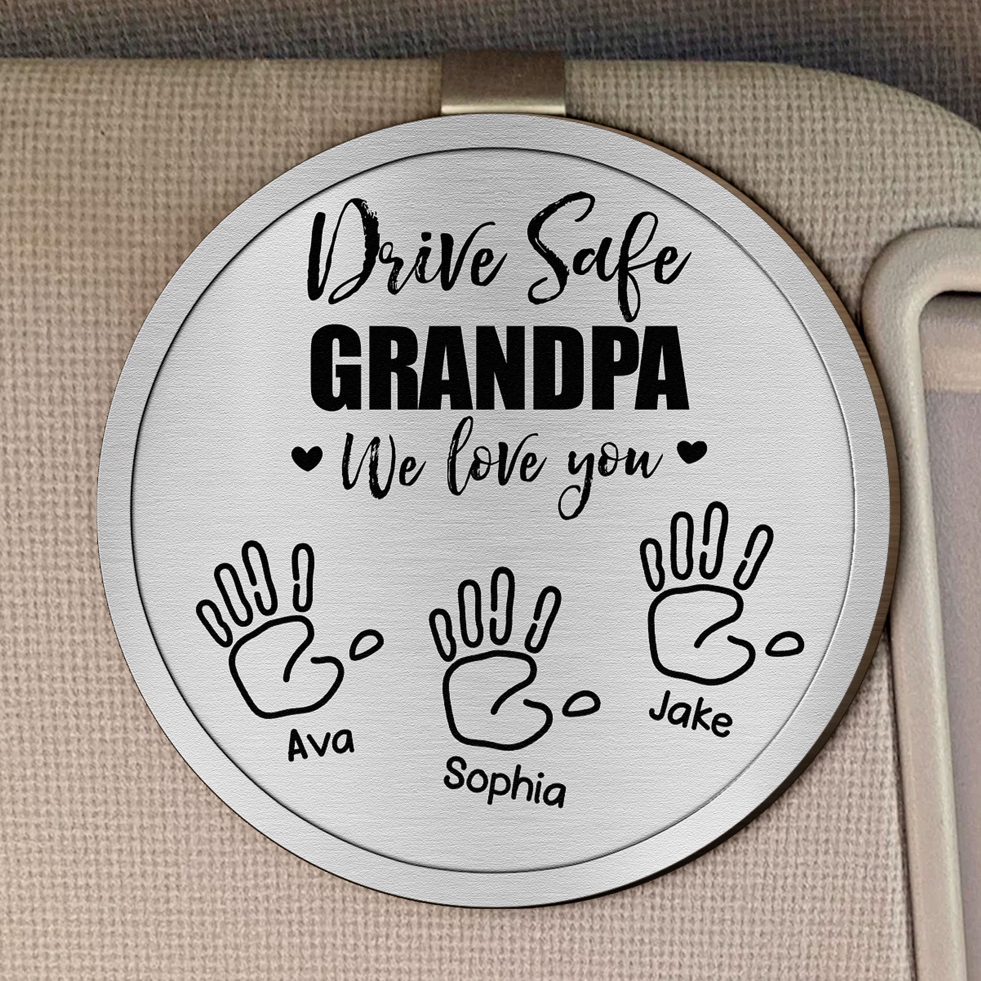 Drive Safe Grandpa We Love You Hand Prints - Personalized Wooden Car Visor Clip