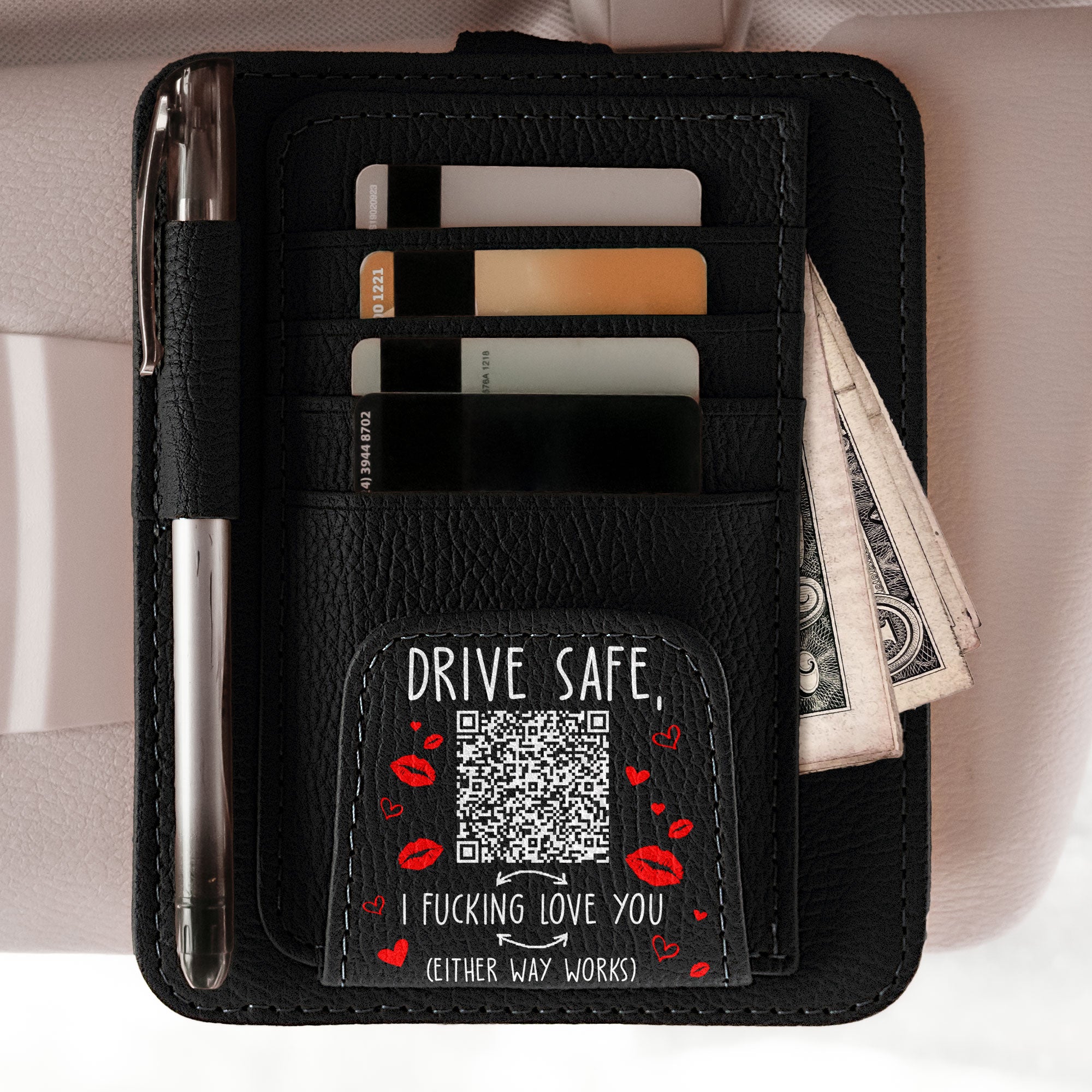 Drive Safe, I Fcking Love You QR Scan - Personalized Leather Car Visor Organizer