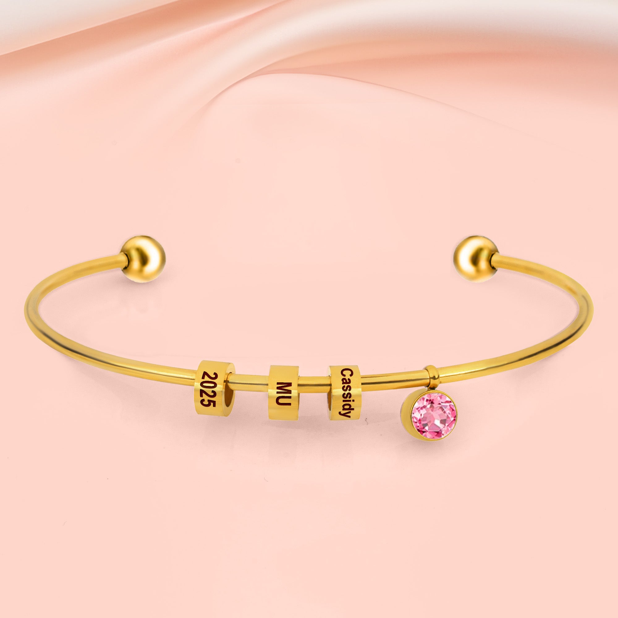 Graduation Gift - Personalized Engravable Bead Name Cuff Bracelet With Birthstone