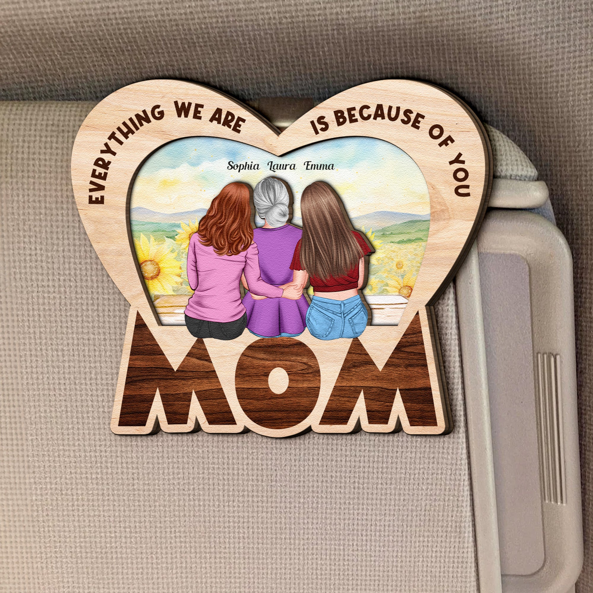Everything We Are Is Because Of You Mom Gift - Personalized Wooden Car Visor Clip