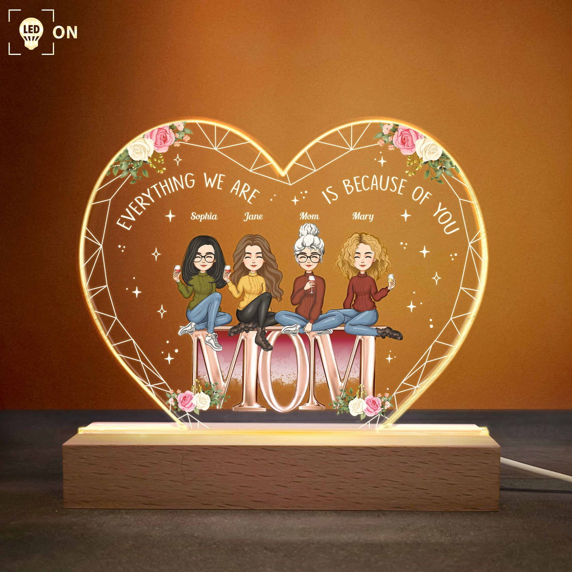 Everything We Are Is Because Of You Mom - Personalized LED Light - Mother's Day Gift For Mom, Grandma