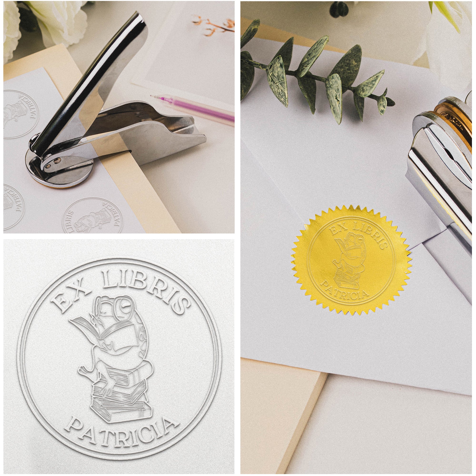 Ex Libris, Cute Sitting Frog, Gift For Book Lovers - Personalized Book Embosser Stamp