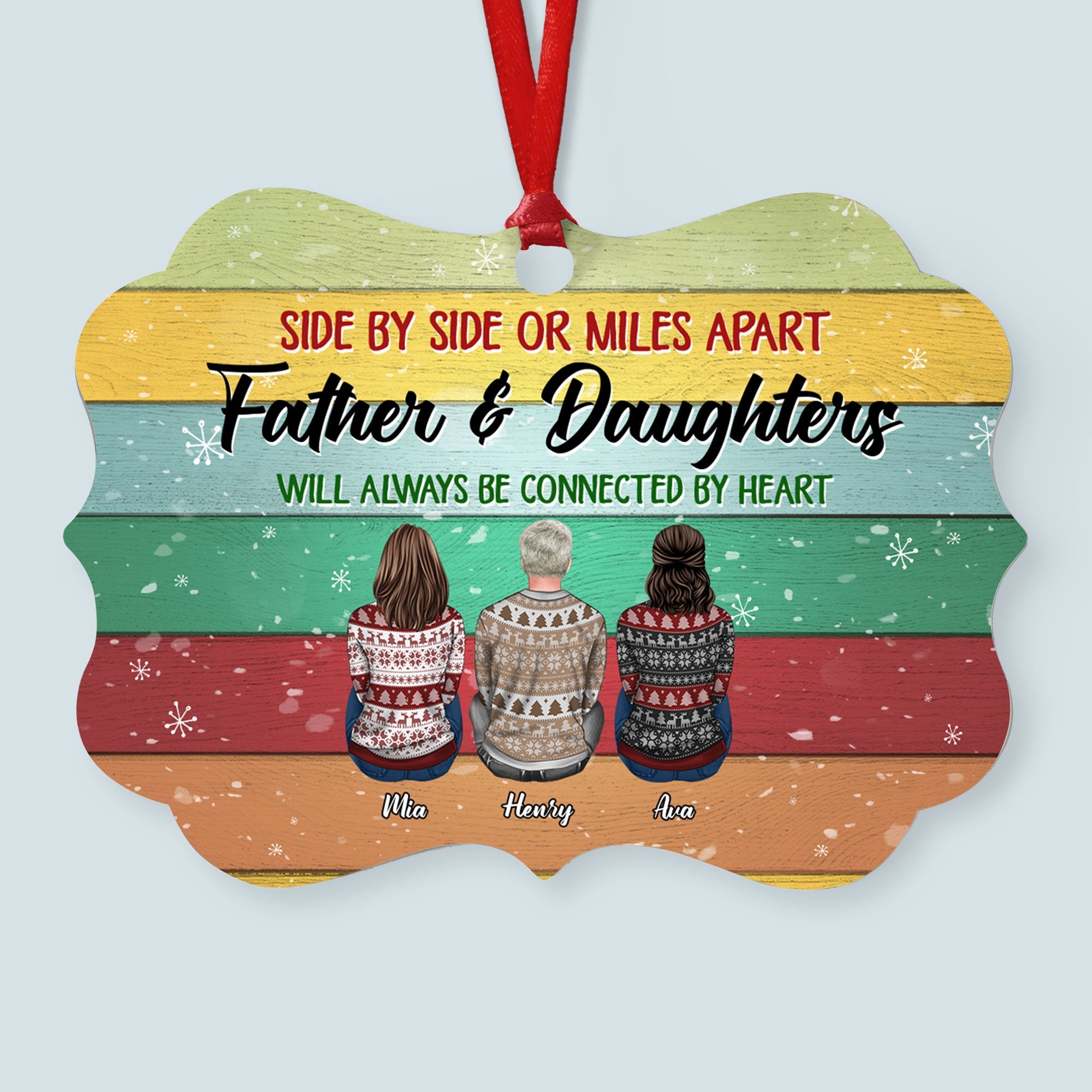 Father And His Children Will Always Be Connected By Heart - Personalized Aluminum Ornament - Christmas Gift For Dad, Father, Papa - Ugly Christmas Sweater Sitting