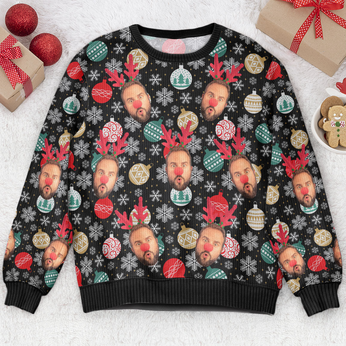 Face Christmas Family Baubles Balls And Snowflakes - Personalized Photo Ugly Sweater