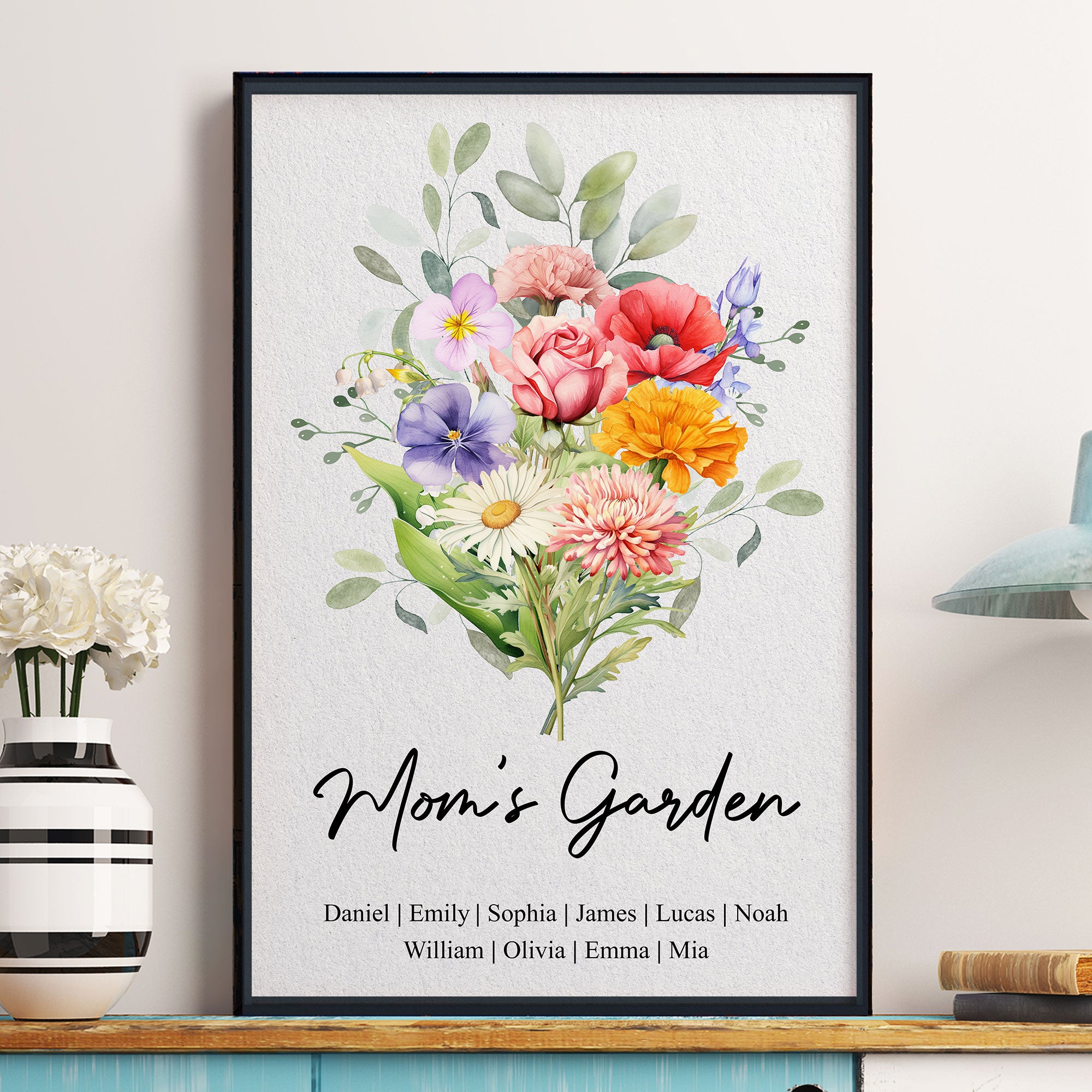 Family Birth Flower Bouquet Flowers Gift For Mom, Grandma, Family - Personalized Poster