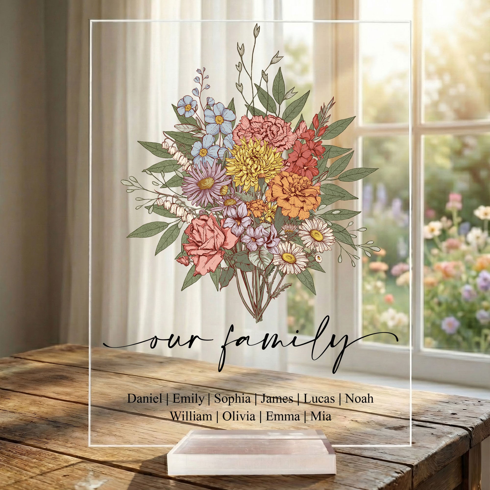 Family Boho Birth Flower Bouquet Flowers Gift For Mom, Grandma, Family - Personalized Acrylic Plaque