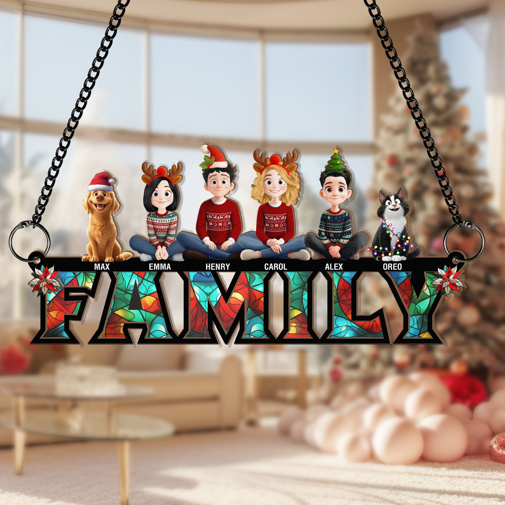 Family Christmas 2025 - Personalized Window Hanging Suncatcher Ornament