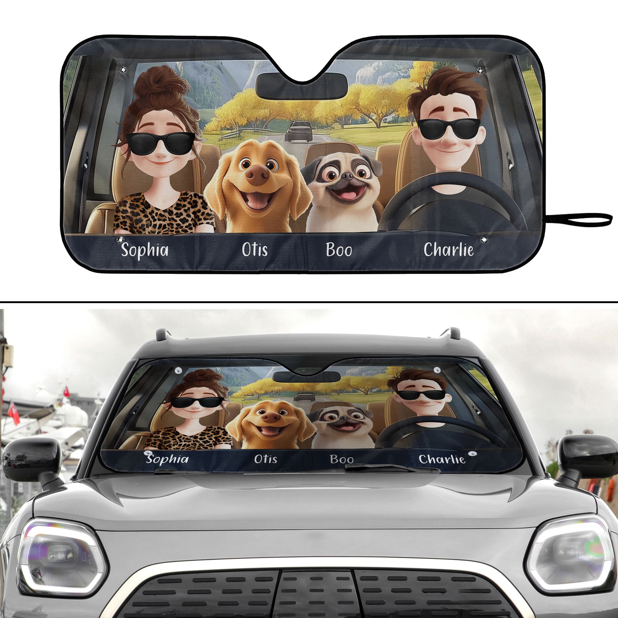 Family & Dogs In The Car Funny - Personalized Car Sun Shade