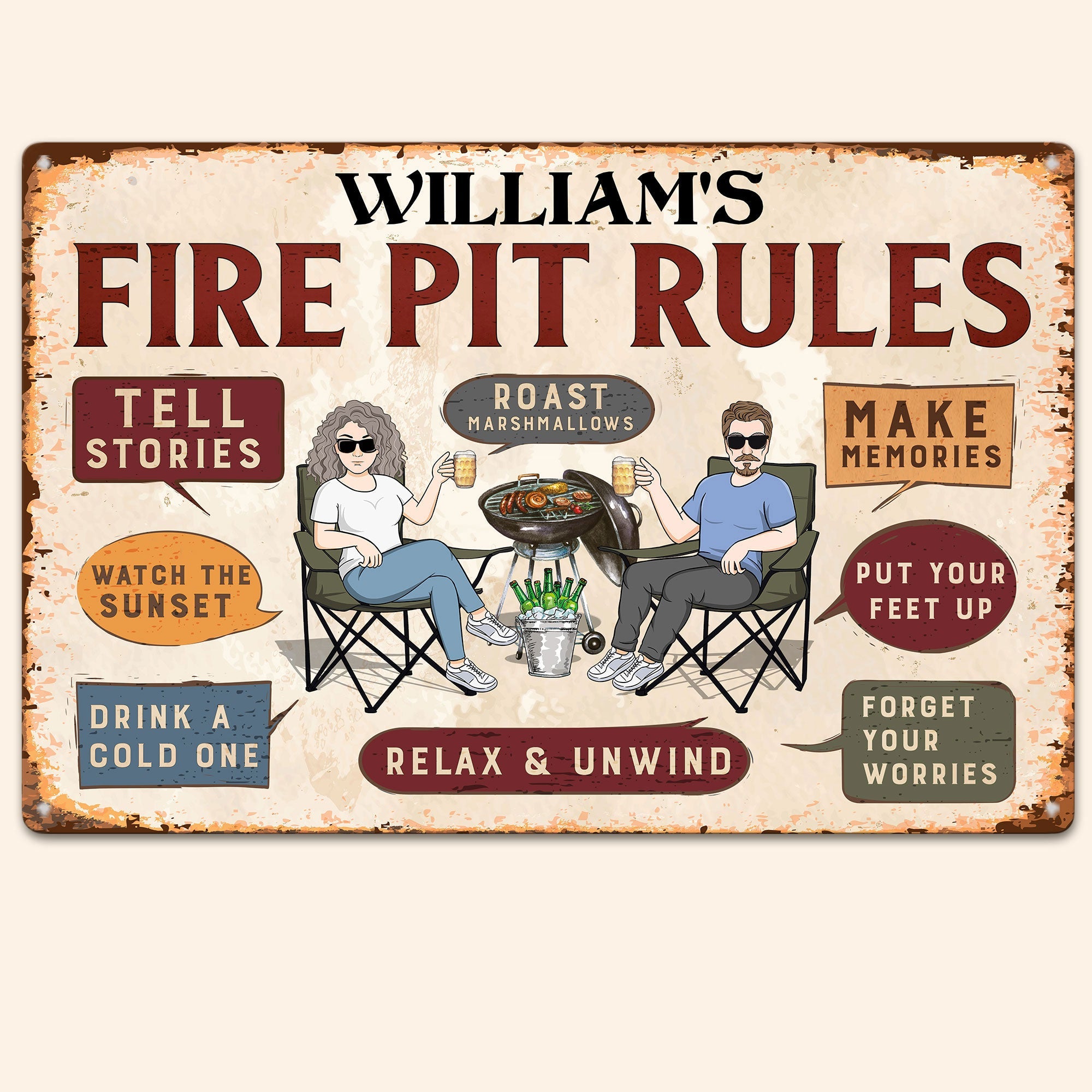 Family Fire Pit Rules - Personalized Metal Sign
