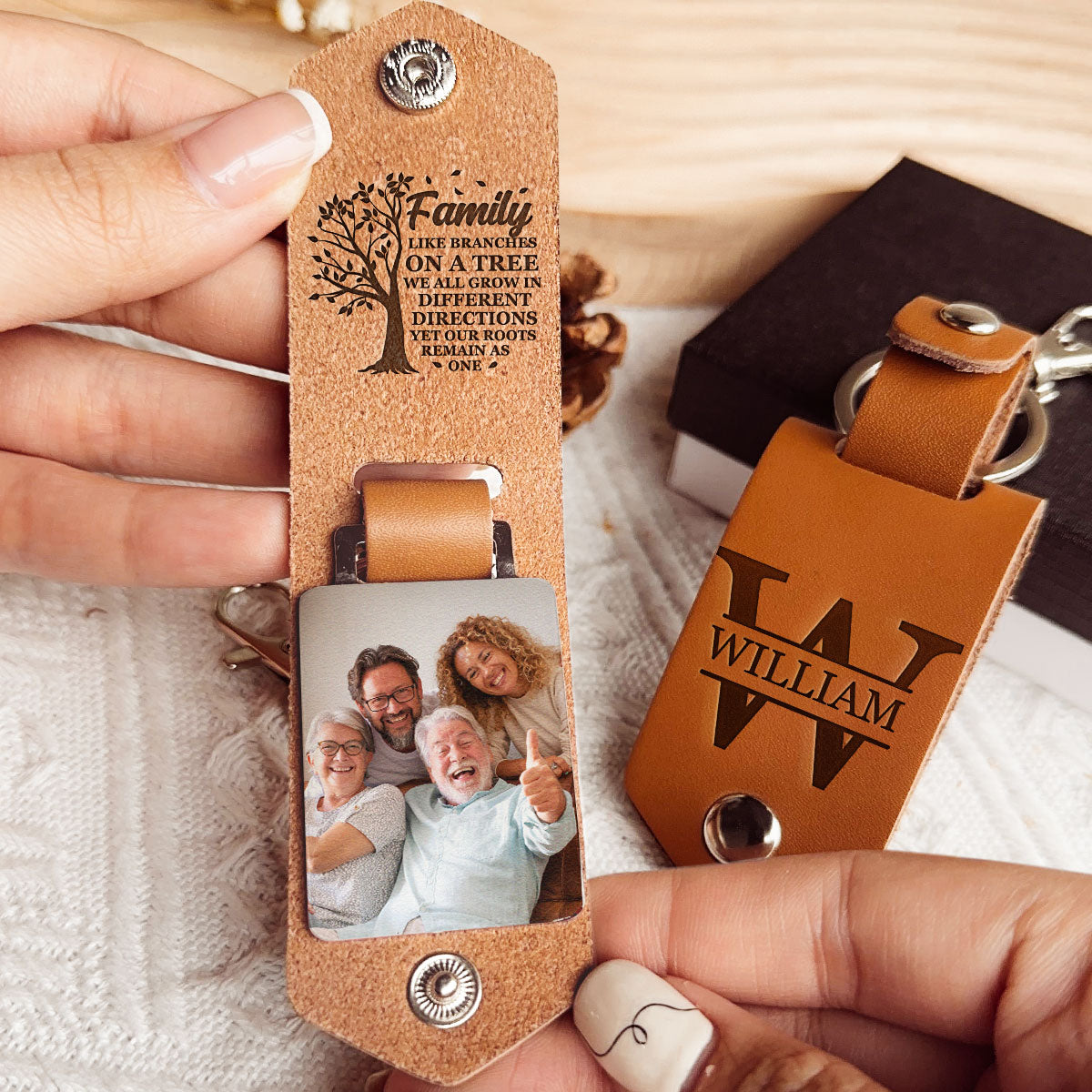Family Keychain Monogram Keychain - Personalized Leather Photo Keychain
