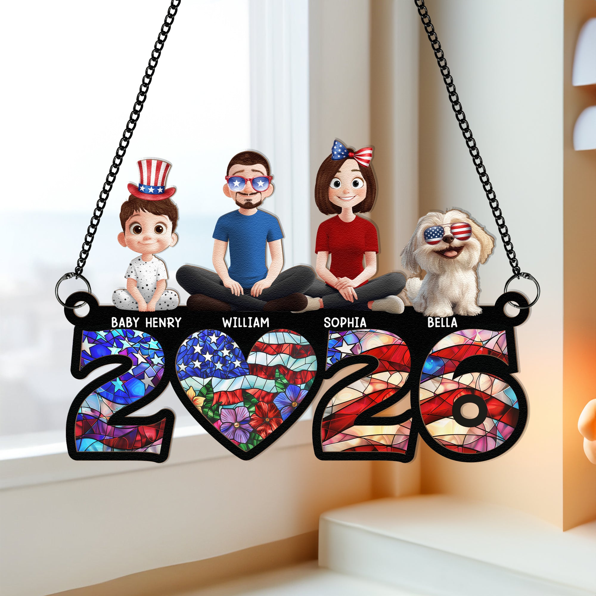 Family Sitting Happy Birthday USA - Personalized Window Hanging Suncatcher Ornament
