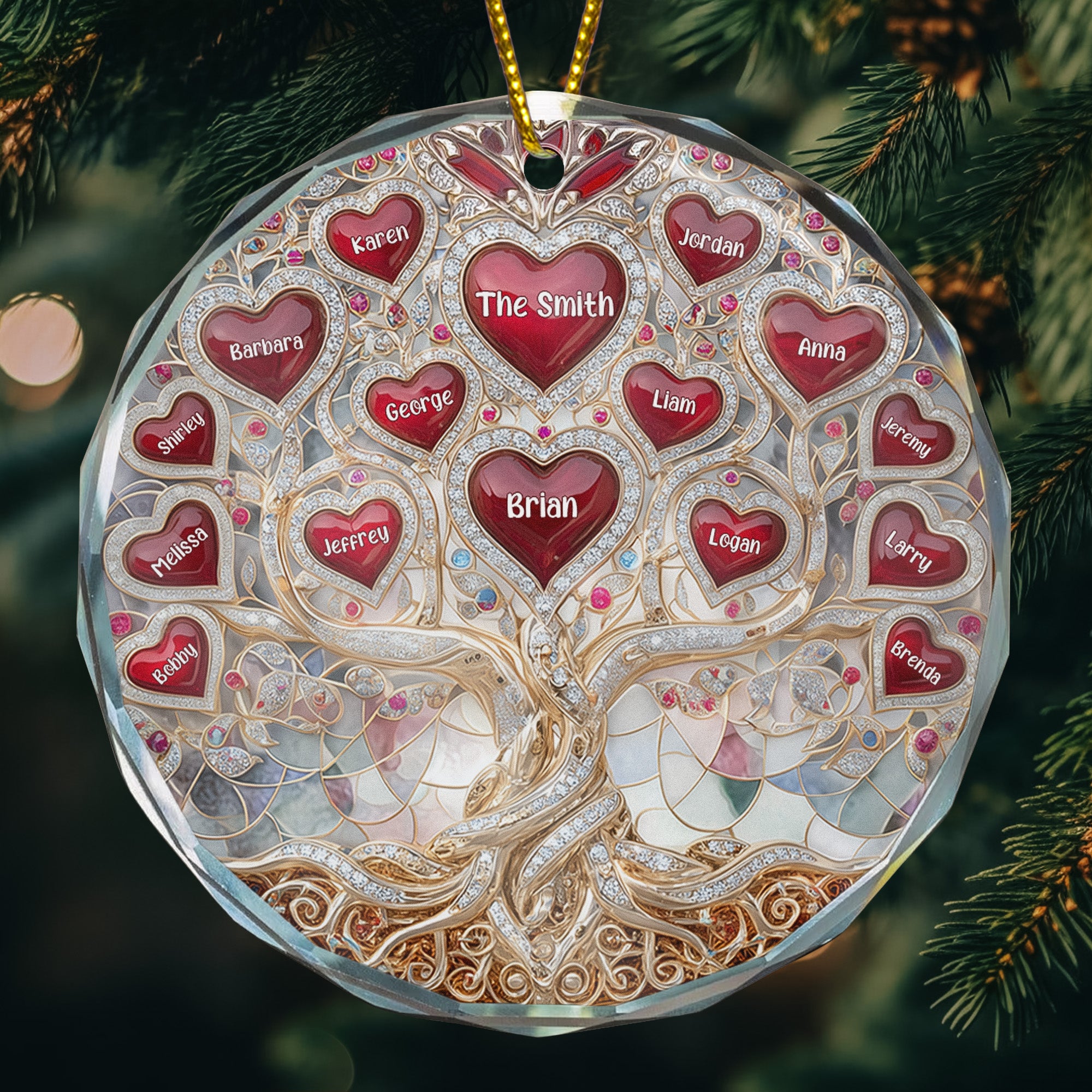 Family Tree Hearts & Names, Jewelry Style Printed - Personalized Glass Ornament