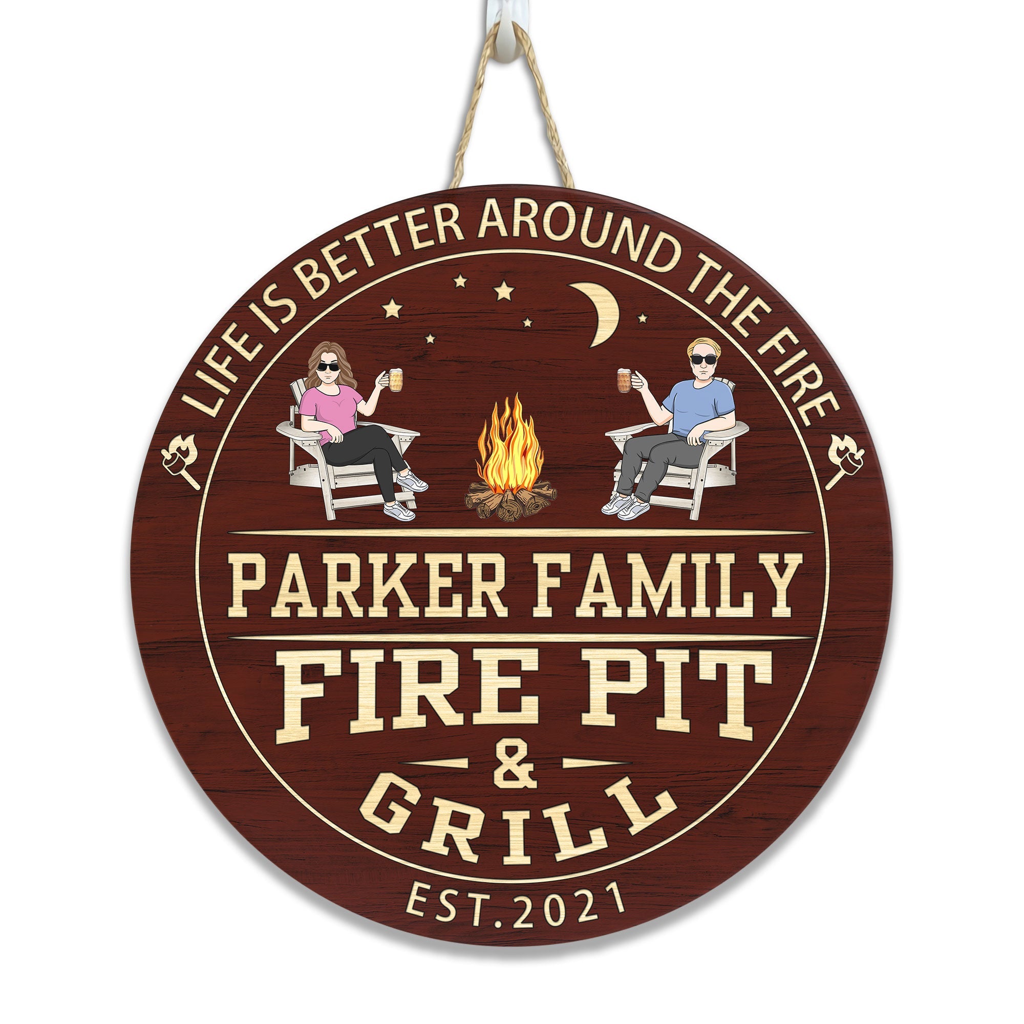 Fire Pit And Grill  - Personalized Round Wood Sign
