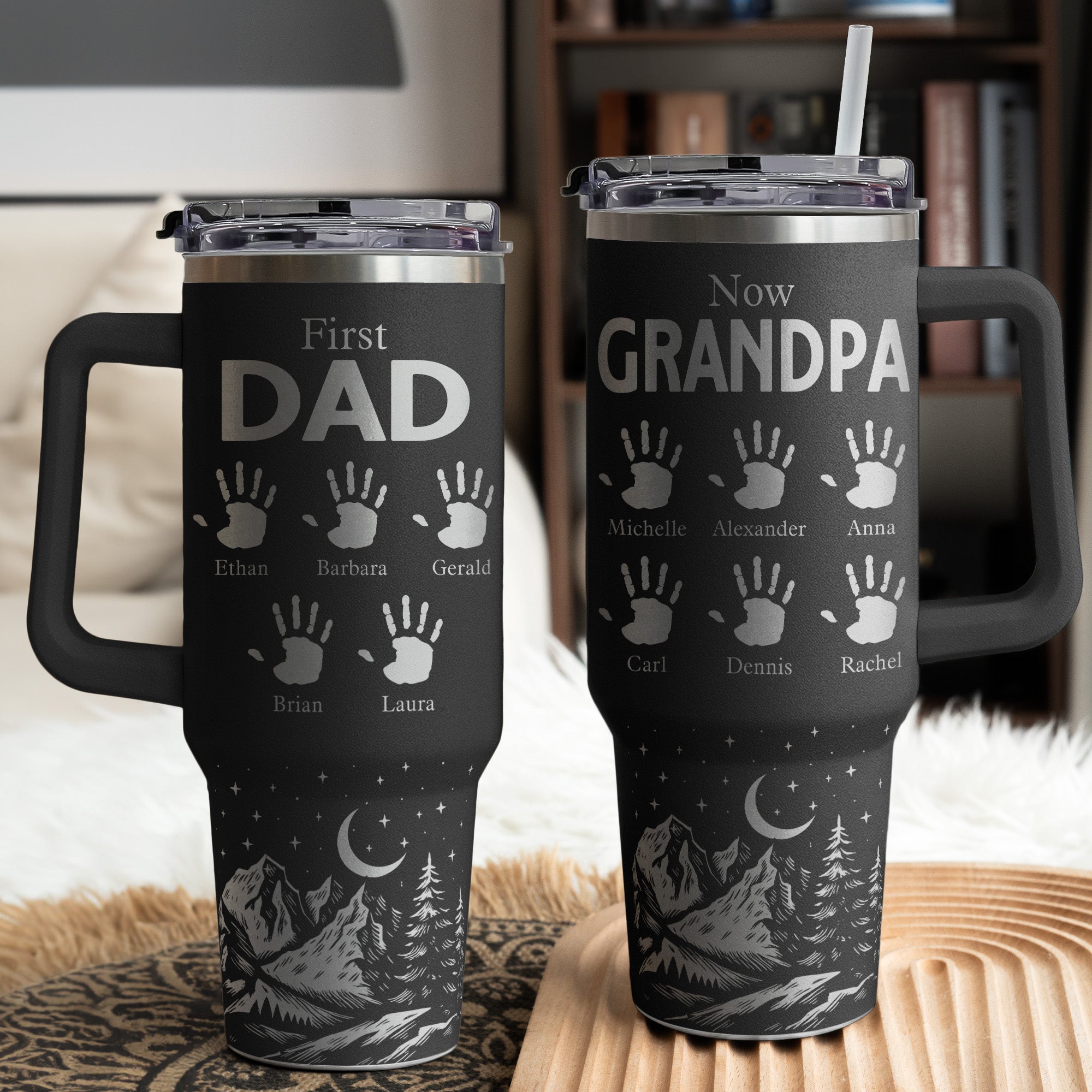 First Dad Now Grandpa Custom Hand Prints - Personalized Engraved 40oz Tumbler
