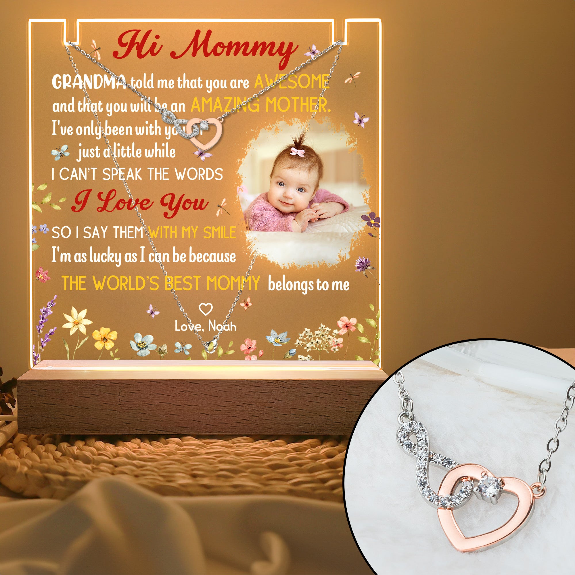 First Mom New Mom Gift - Personalized LED Light Acrylic Photo Plaque With Infinity Necklace