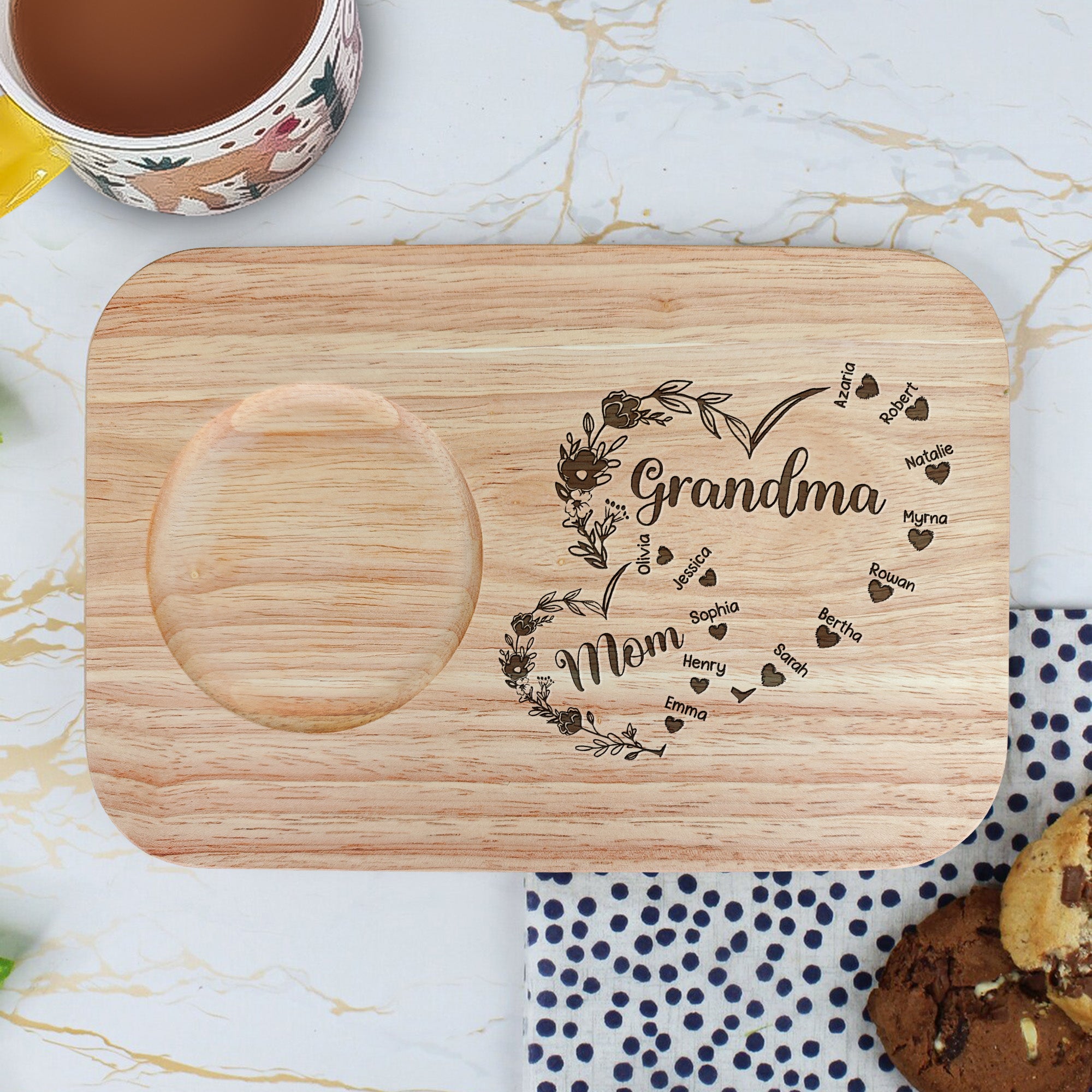 First Mom Now Grandma Floral - Custom Engraved Wooden Tea & Biscuit Board