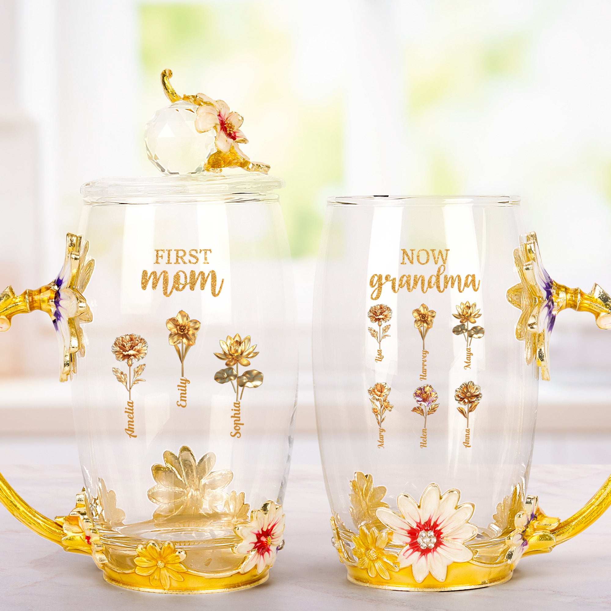 First Mom Now Grandma Golden Birth Month Flower - Personalized Glass Cup